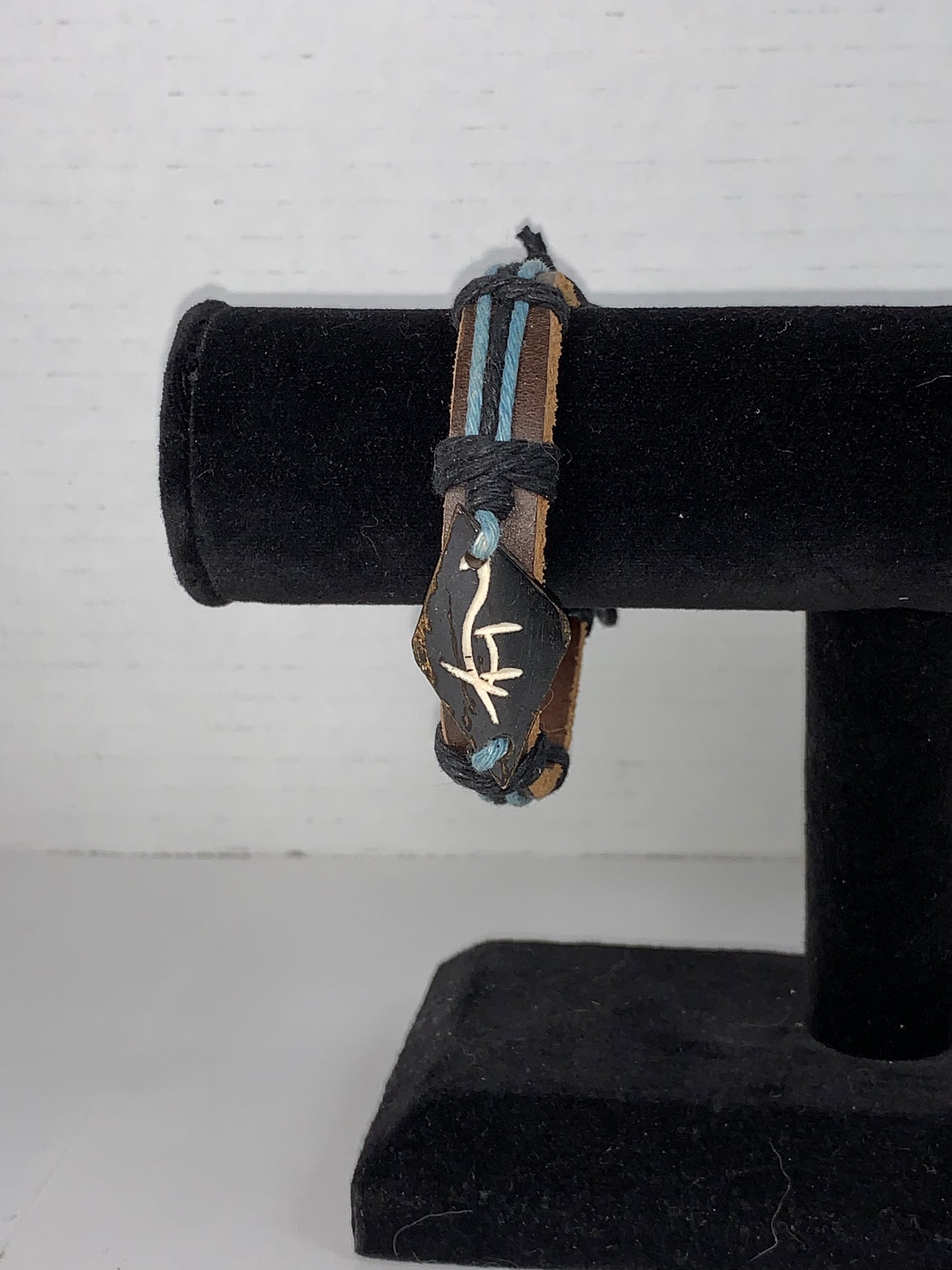 12" Long Leather Bracelet with Blue Hemp detail