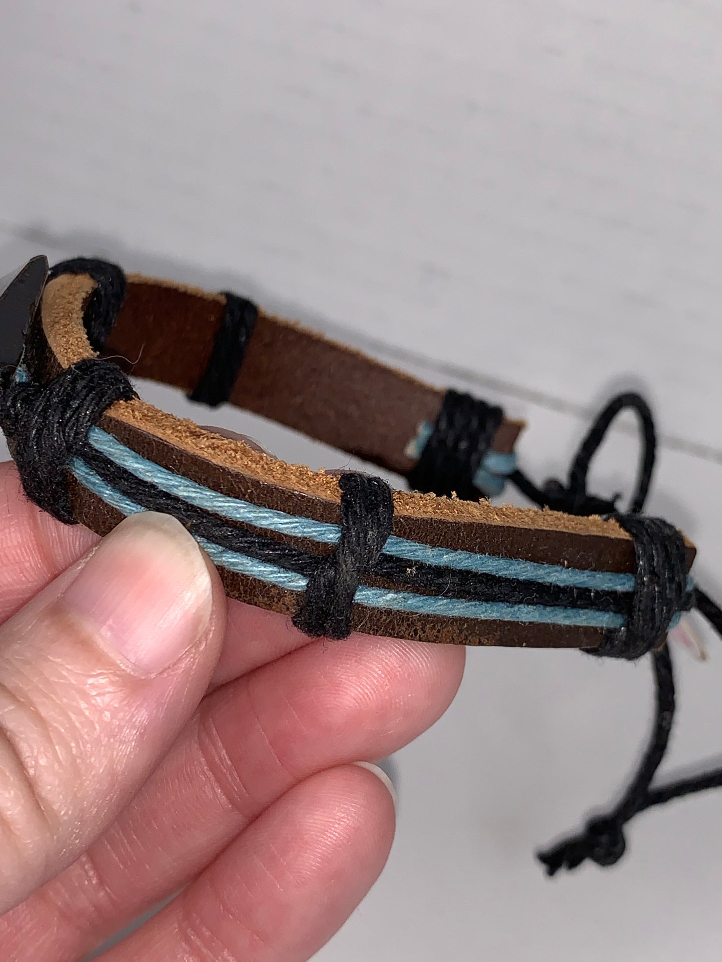 12" Long Leather Bracelet with Blue Hemp detail