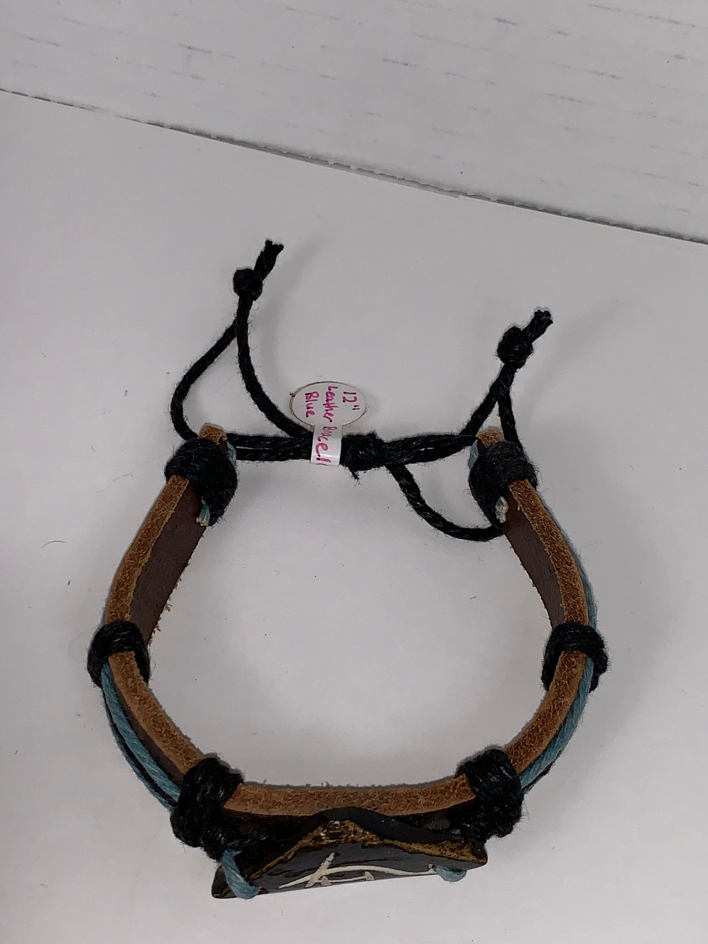 12" Long Leather Bracelet with Blue Hemp detail
