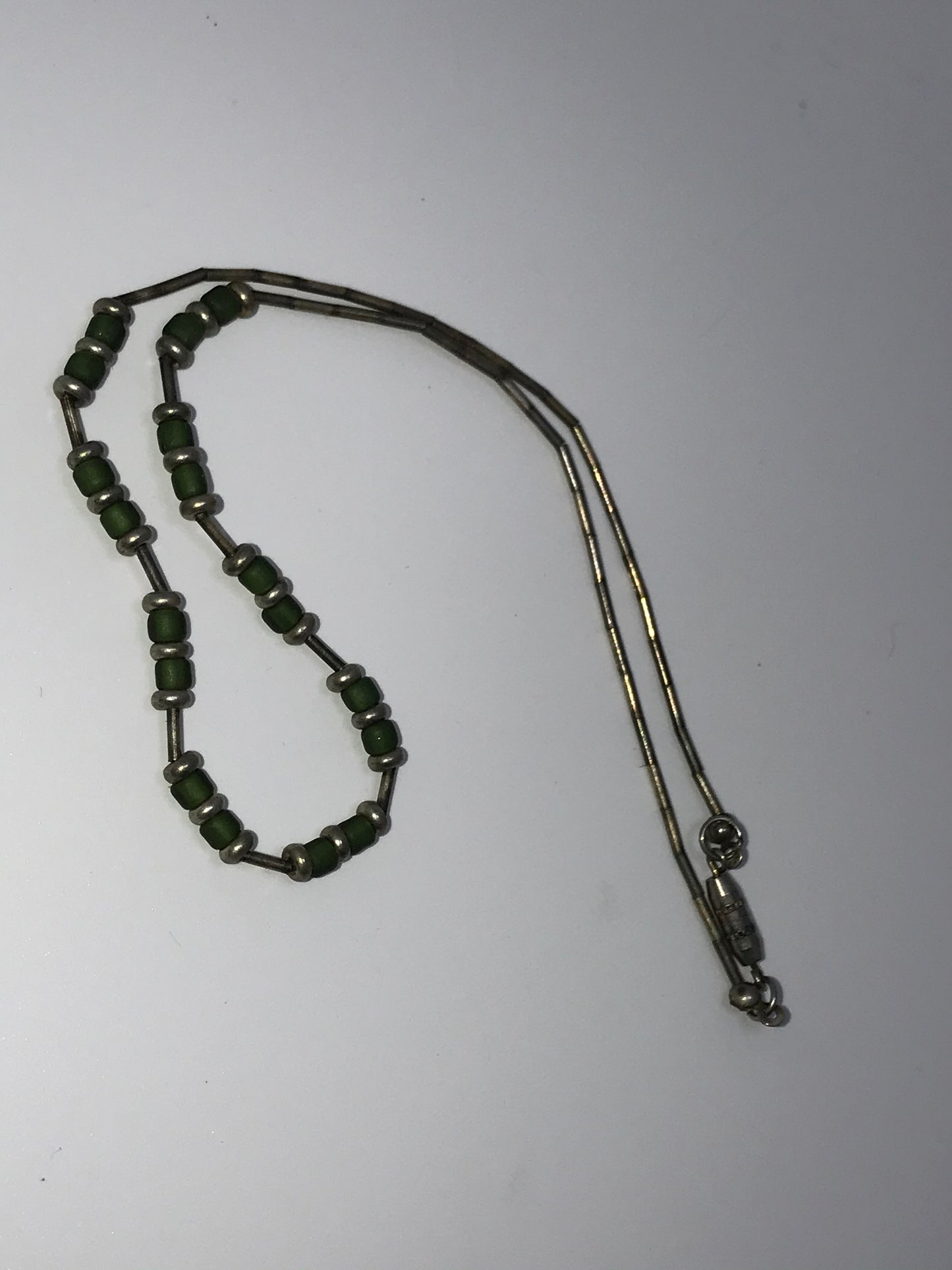 15" Matte Green And Silver Seed Bead Necklace