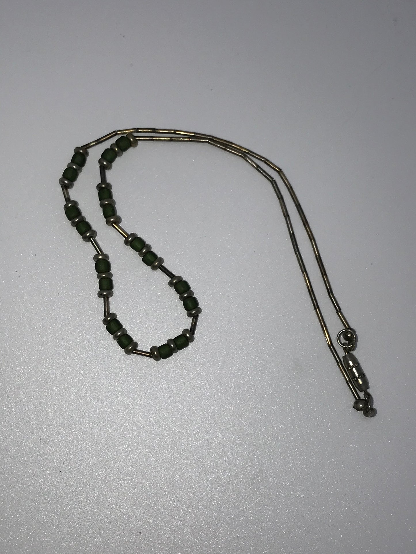 15" Matte Green And Silver Seed Bead Necklace