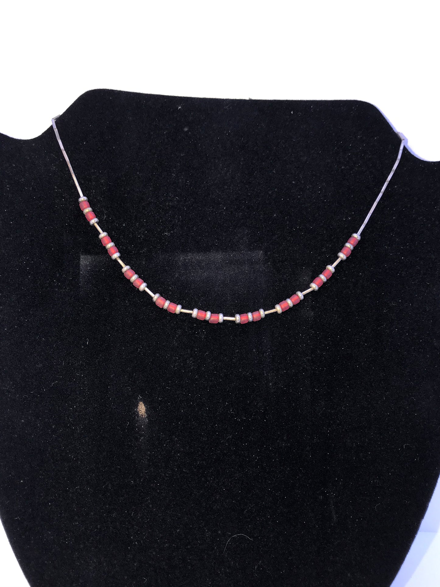 15 1/4" Frosted Orange Red and Silver Beaded Necklace