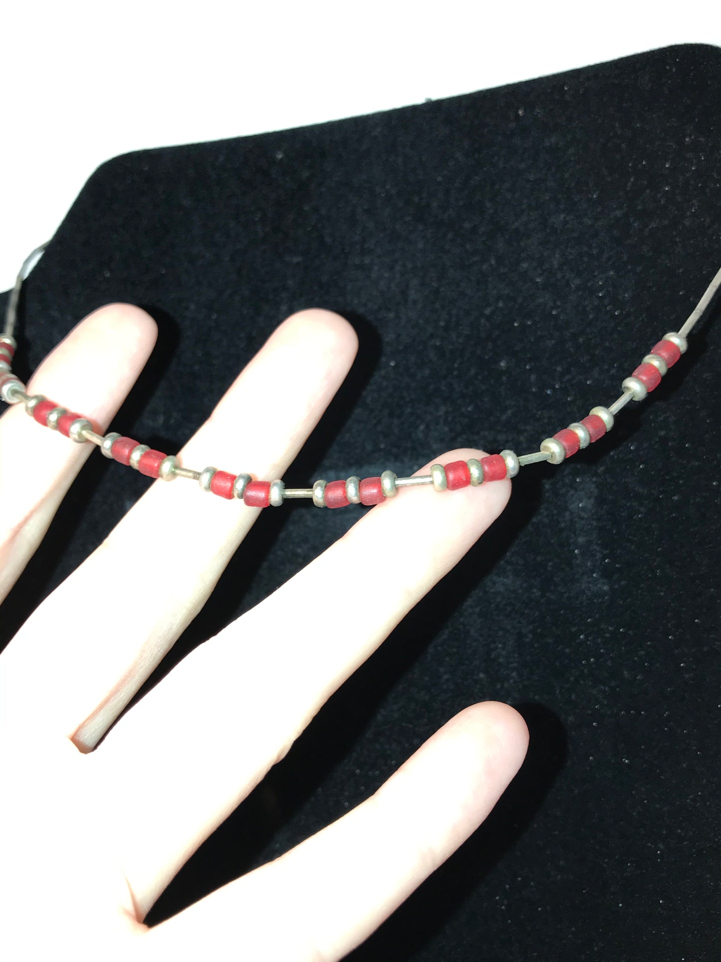 15 1/4" Frosted Orange Red and Silver Beaded Necklace