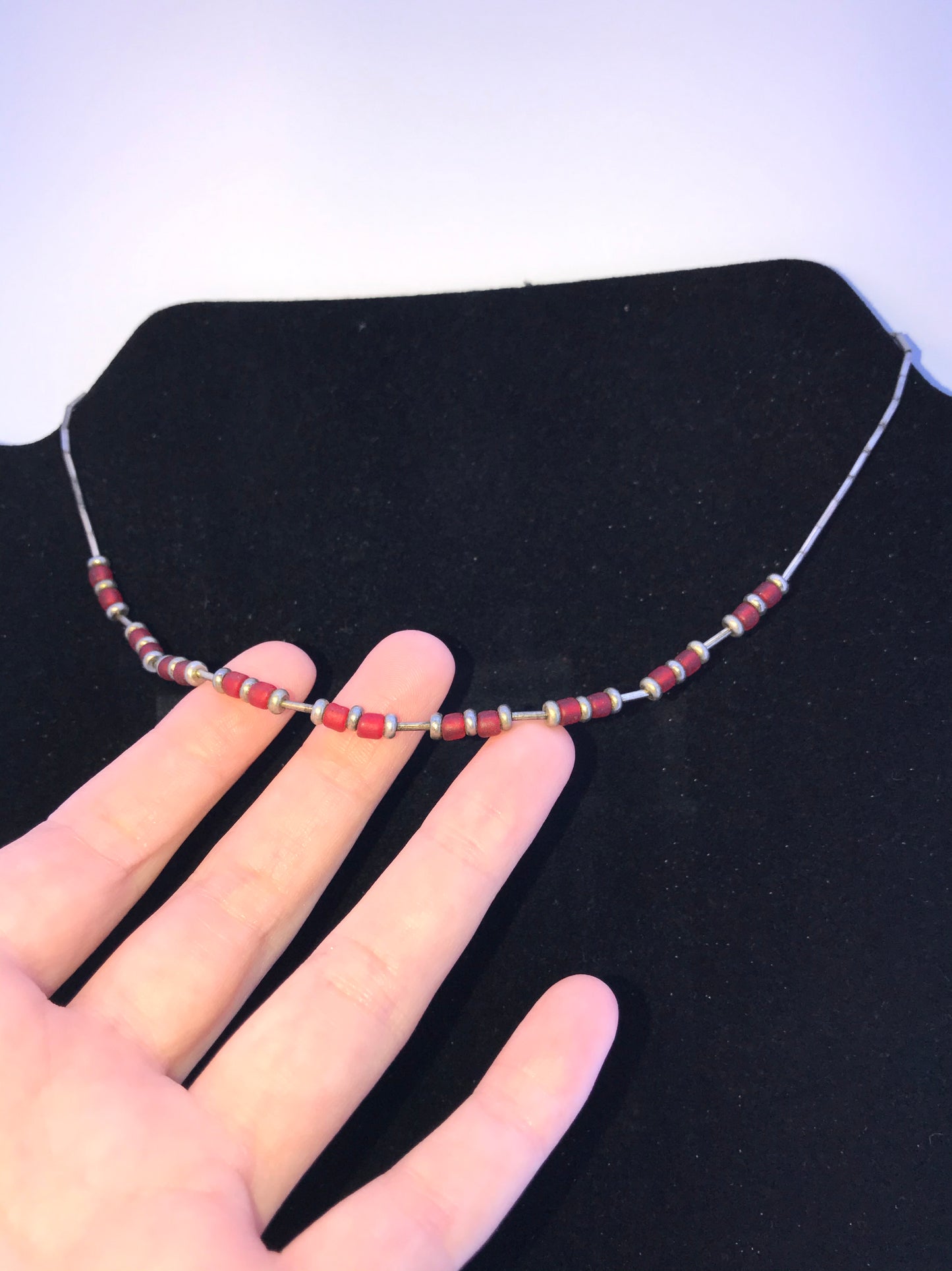 15 1/4" Frosted Orange Red and Silver Beaded Necklace