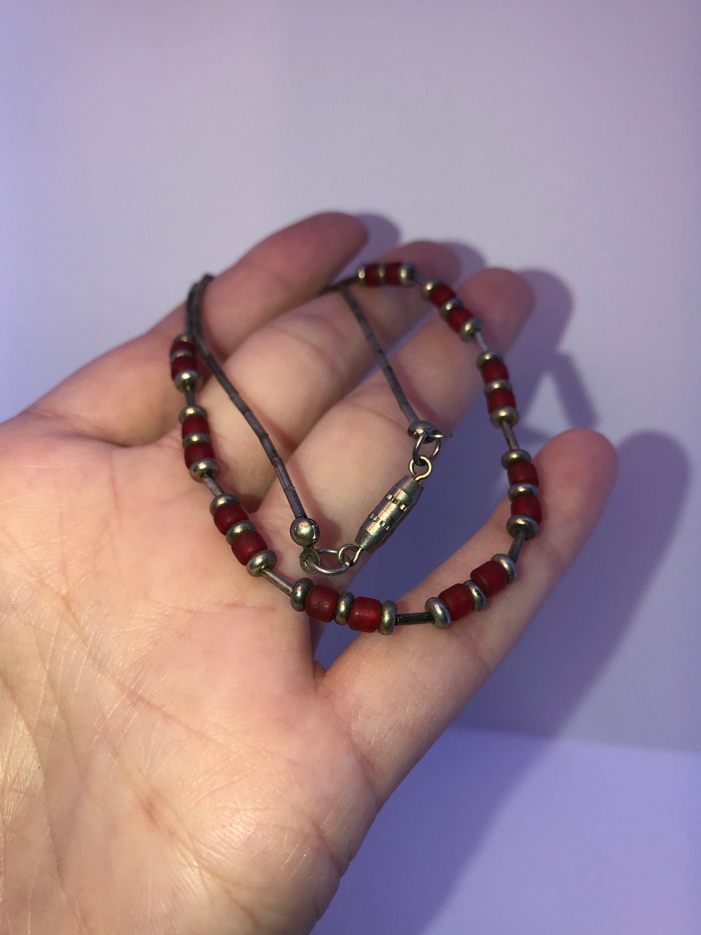 15 1/4" Frosted Orange Red and Silver Beaded Necklace
