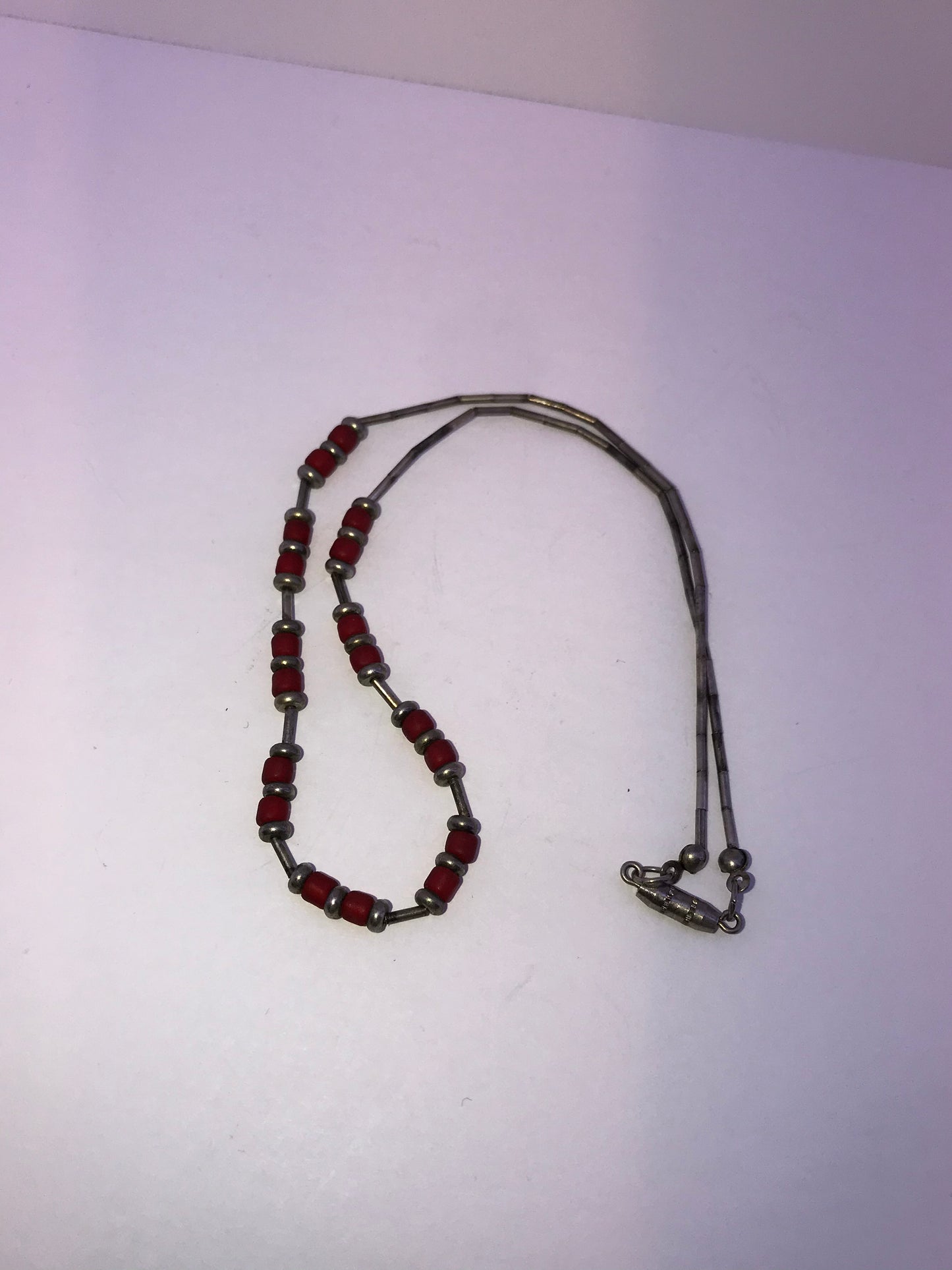 15 1/4" Frosted Orange Red and Silver Beaded Necklace