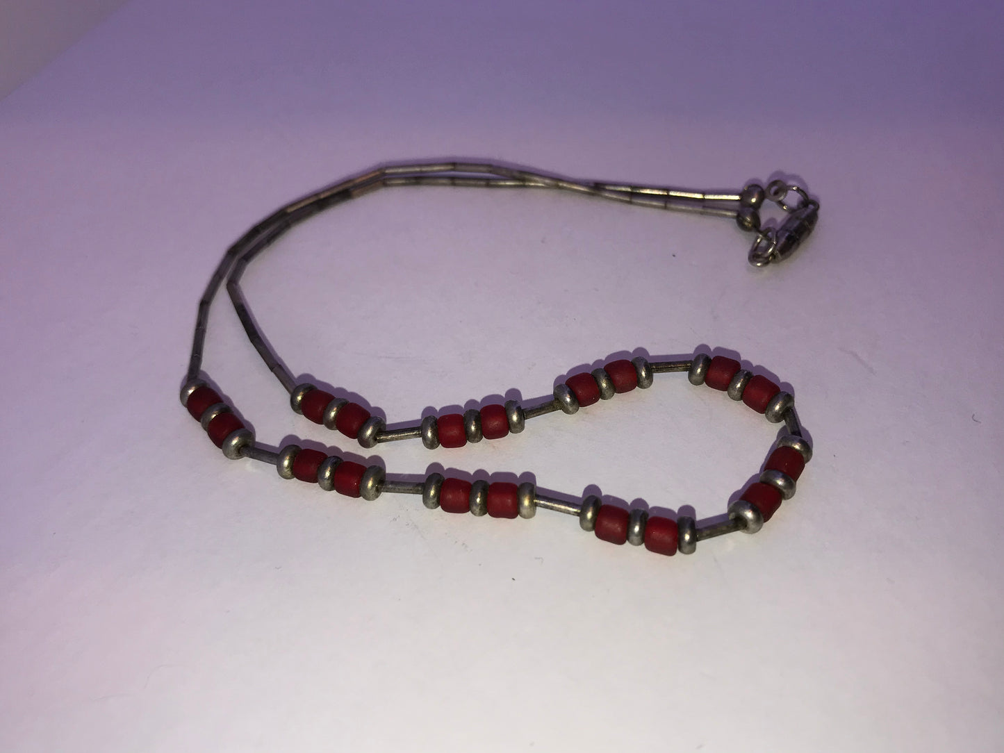 15 1/4" Frosted Orange Red and Silver Beaded Necklace