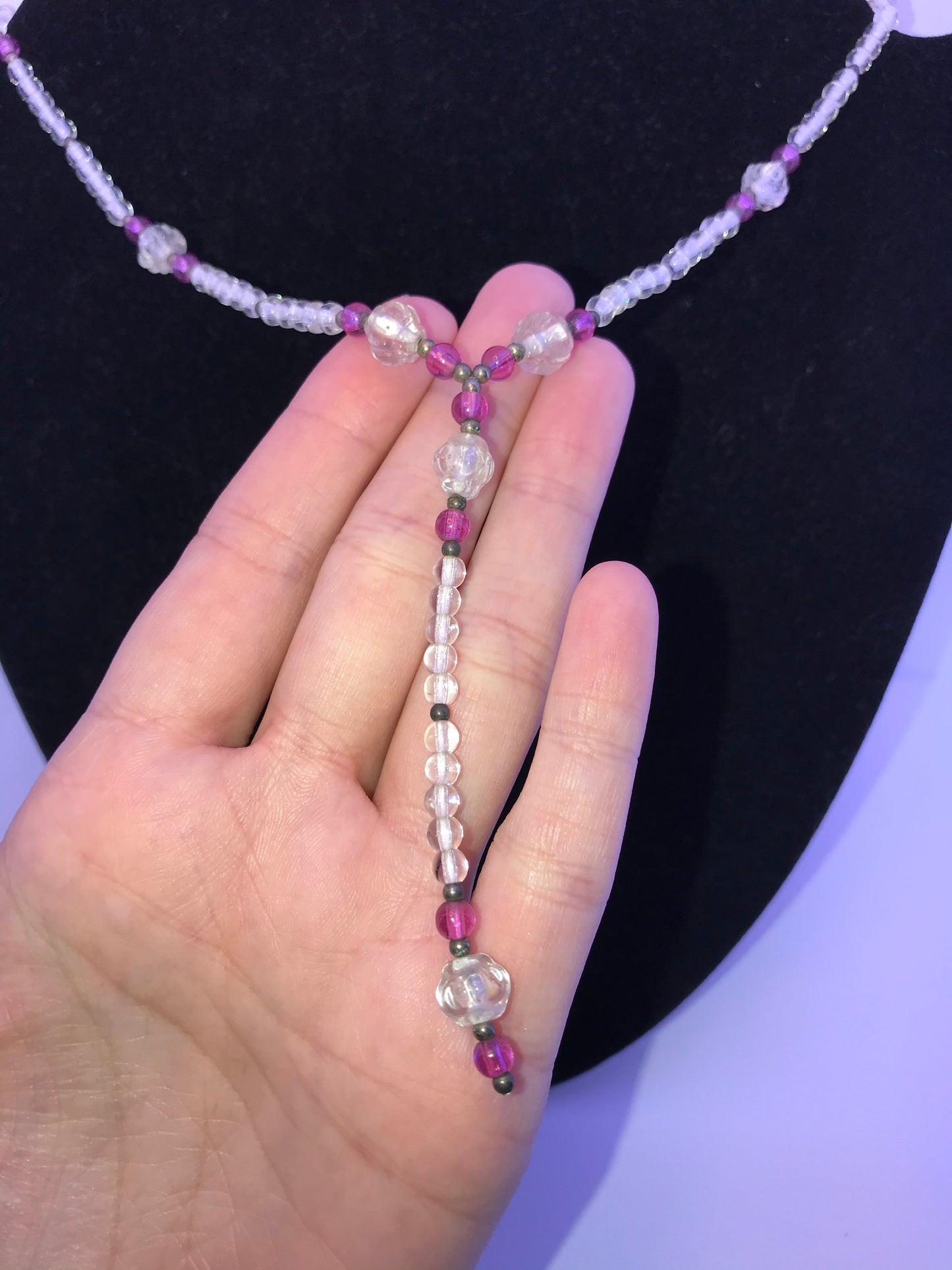 16 1/2" Purple and Clear Beaded Necklace Set