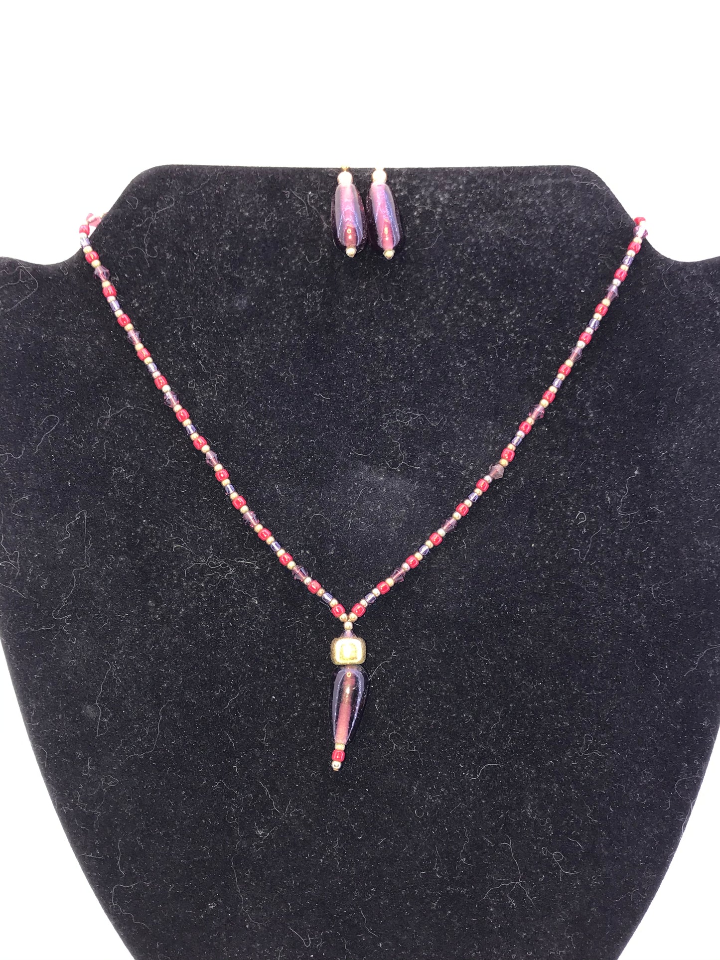 16 3/4" Red And Purple Beaded Necklace with Matching Earrings