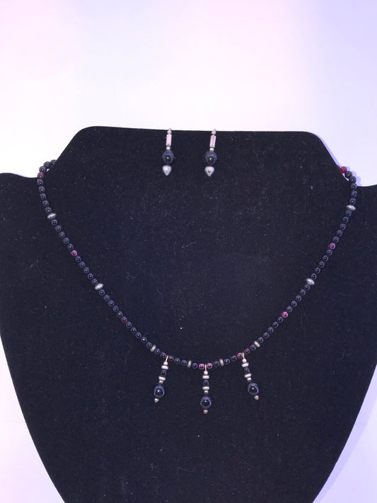 17 3/4" Long Obsidian and Raspberry Garnet Necklace Set