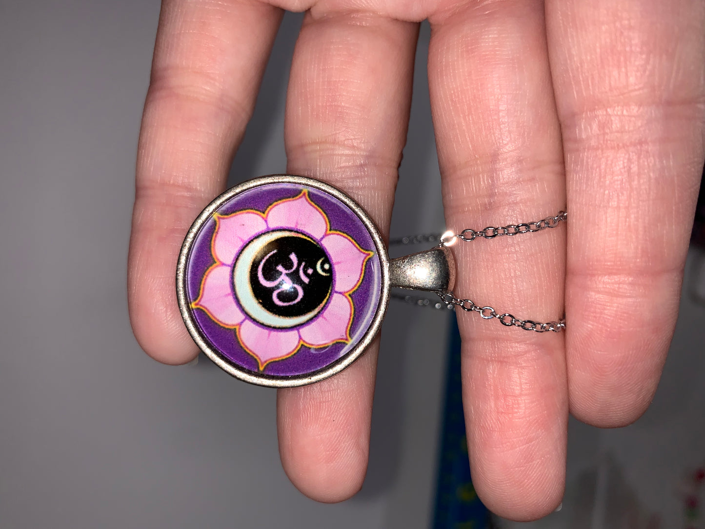 17 1/4" Purple Ohm And Lotus Necklace