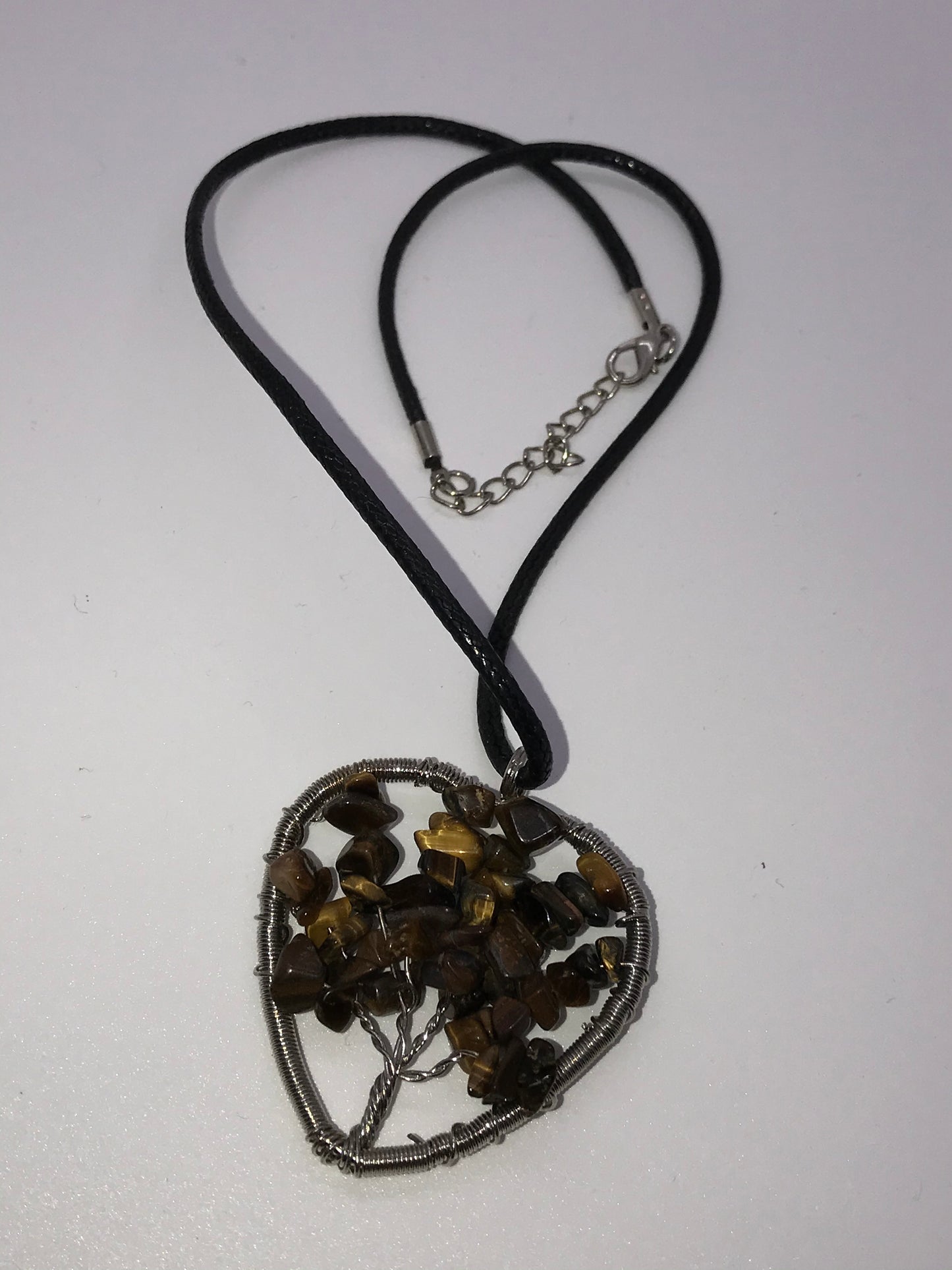 18" Heart Tigerseye Tree Of Life Leather Necklace