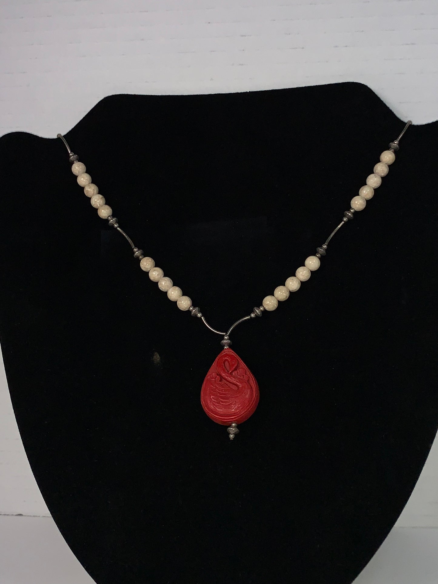 18 " Red Swan and Riverstone Handmade Beaded Necklace
