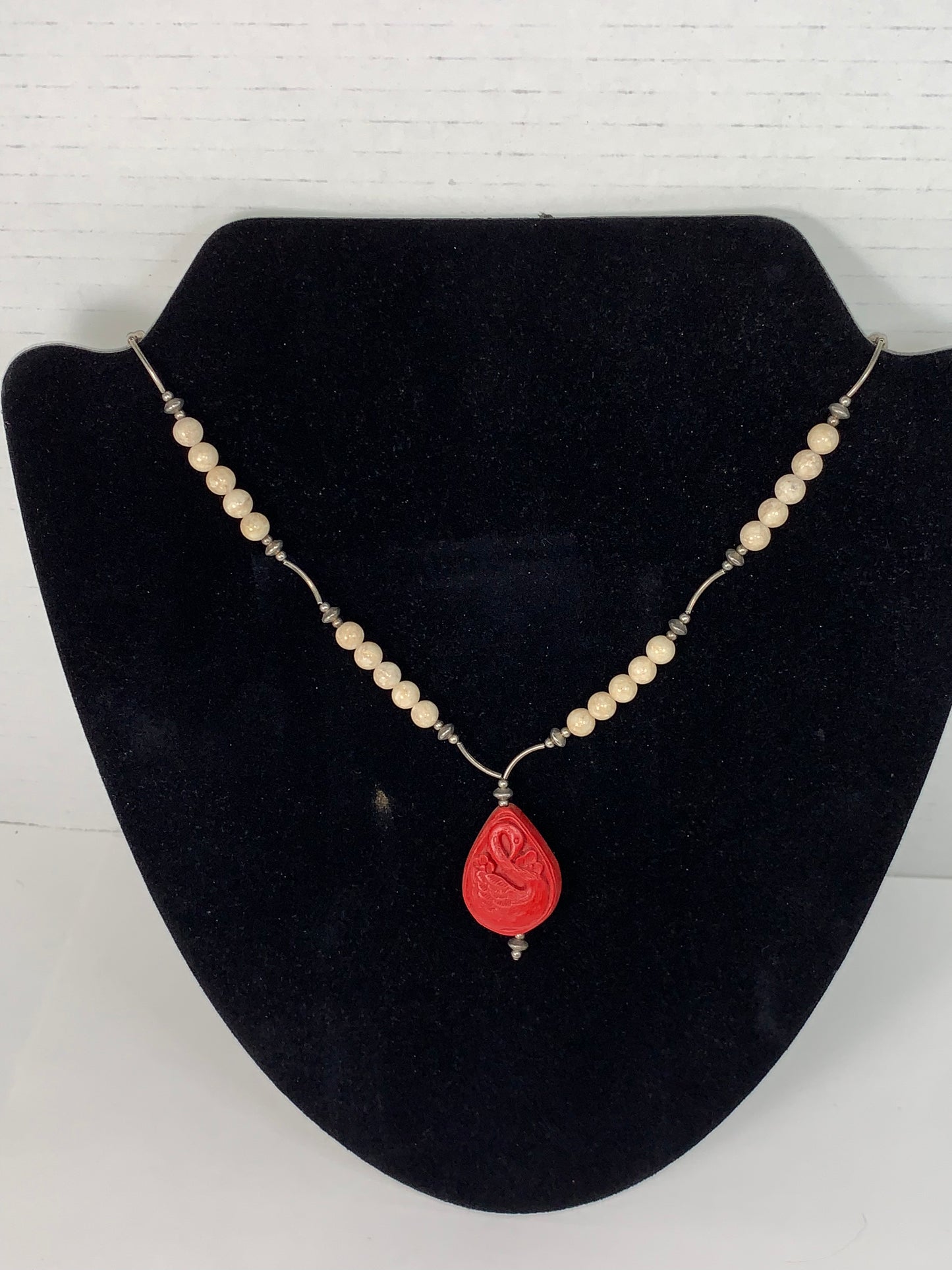 18 " Red Swan and Riverstone Handmade Beaded Necklace