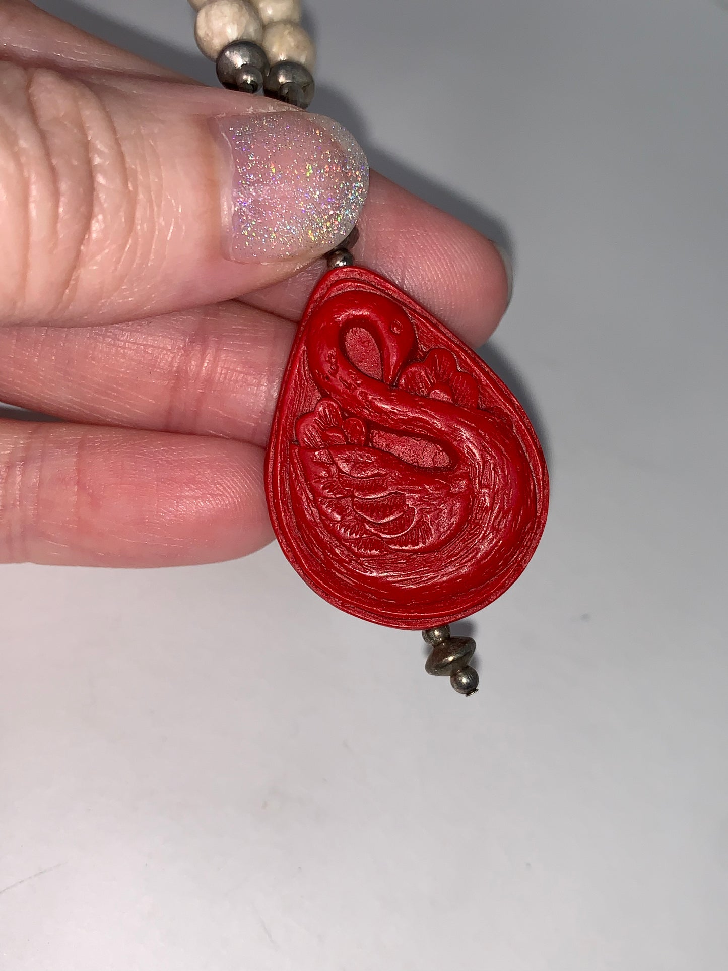 18 " Red Swan and Riverstone Handmade Beaded Necklace