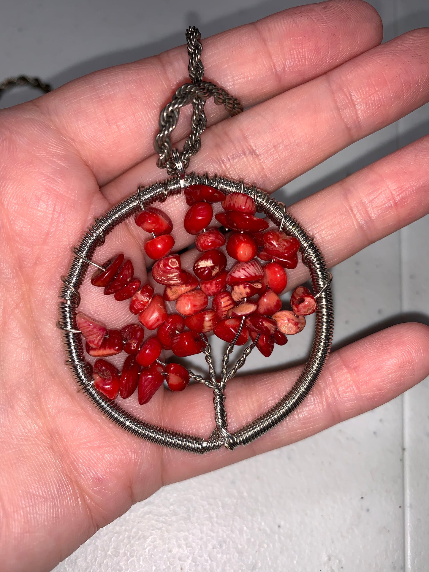 18" 4mm Rope chain with Red Coral Tree of Life Pendant