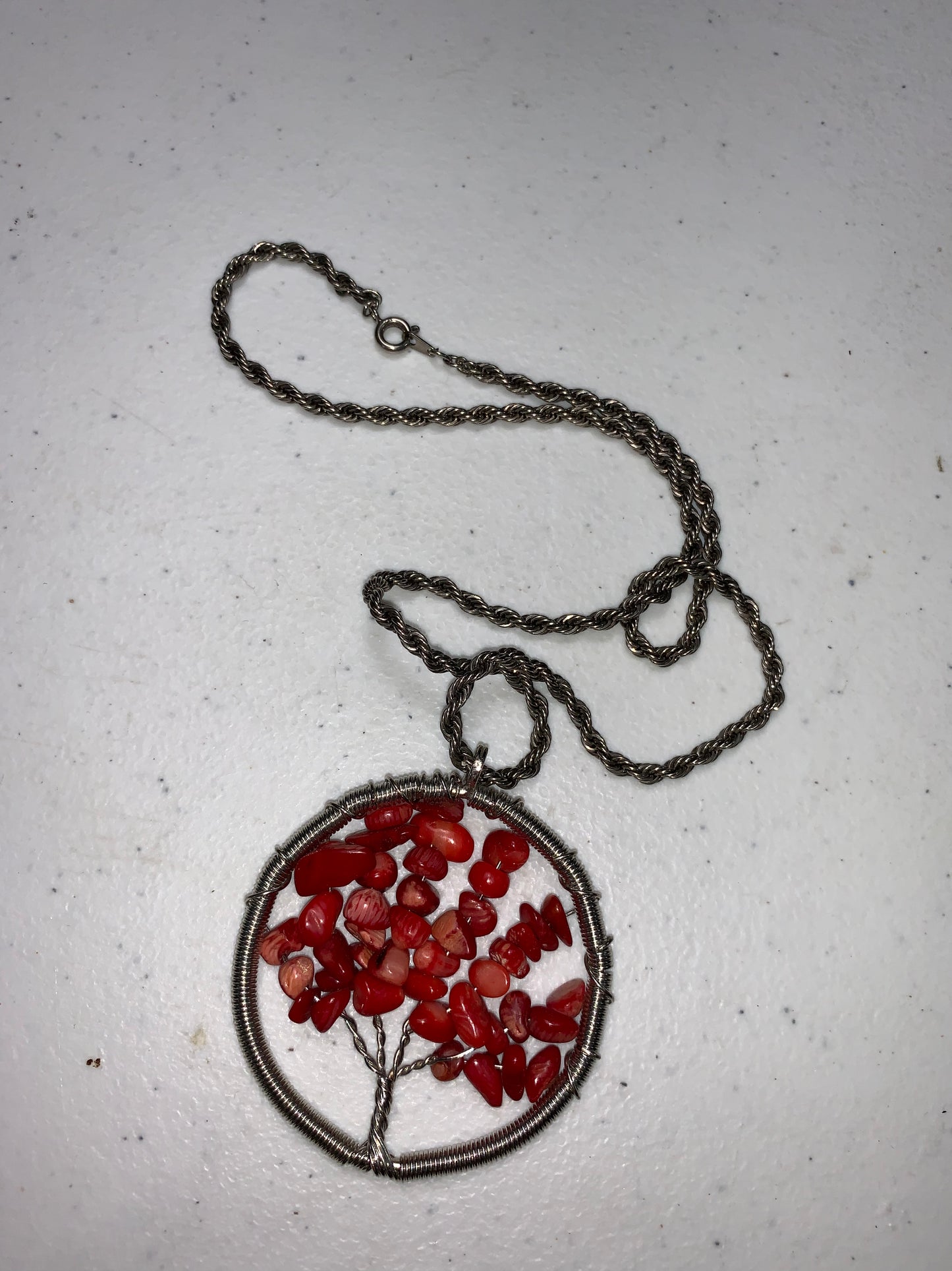 18" 4mm Rope chain with Red Coral Tree of Life Pendant