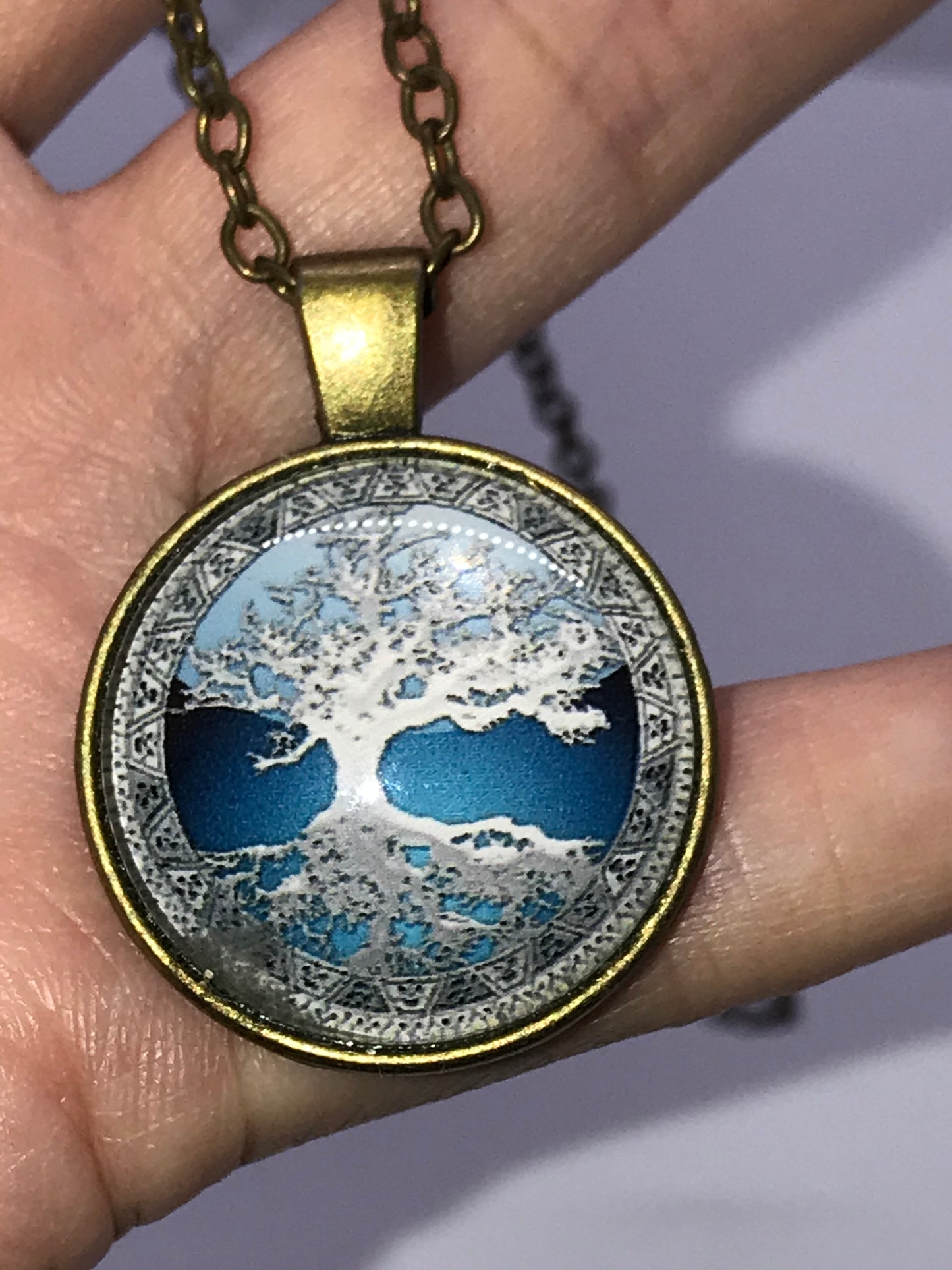 18" Blue Tree and Reflection Brass Necklace