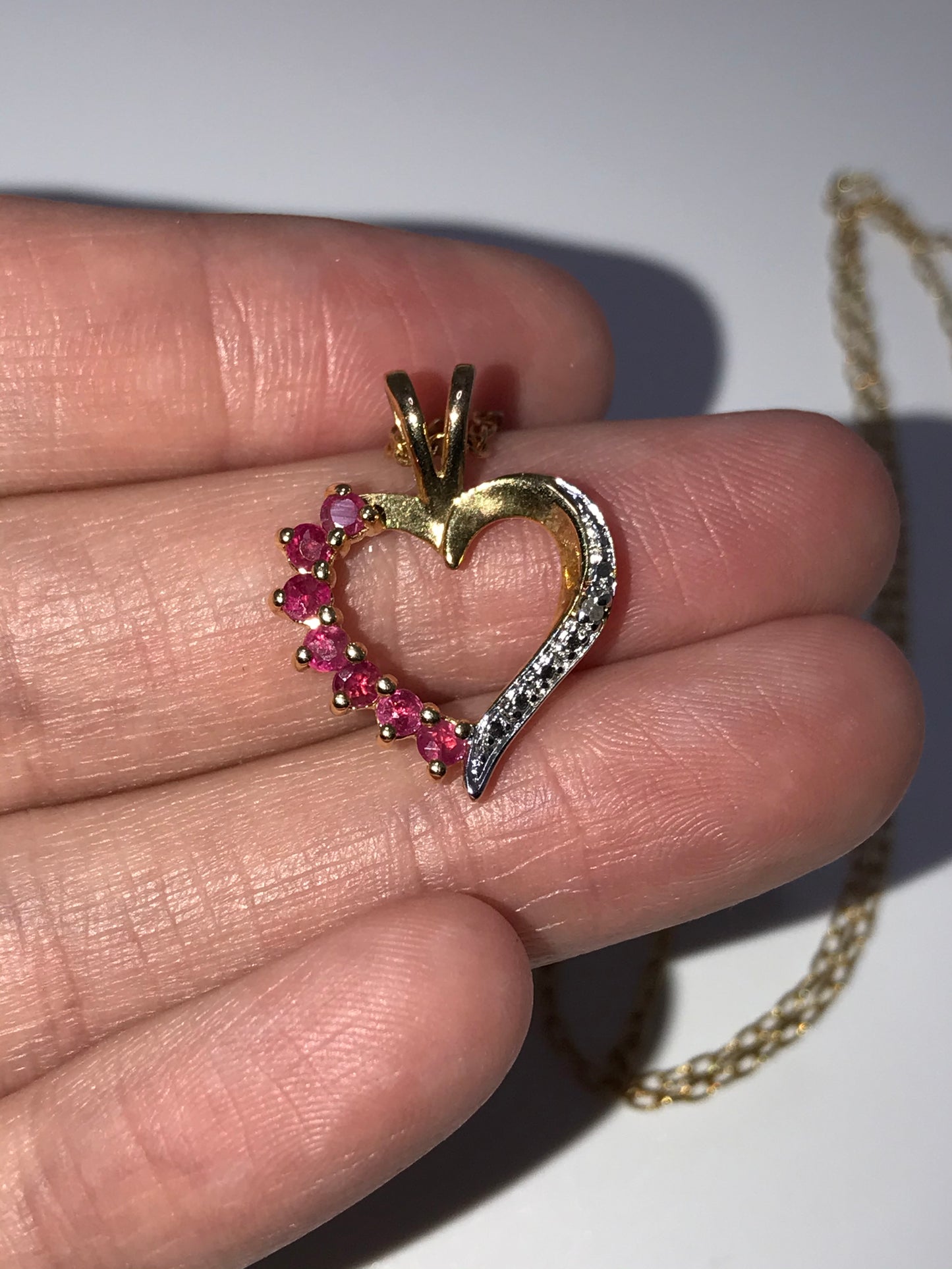 18" 18kt Vermeil Cable chain with Diamond and Ruby Heart Pendant