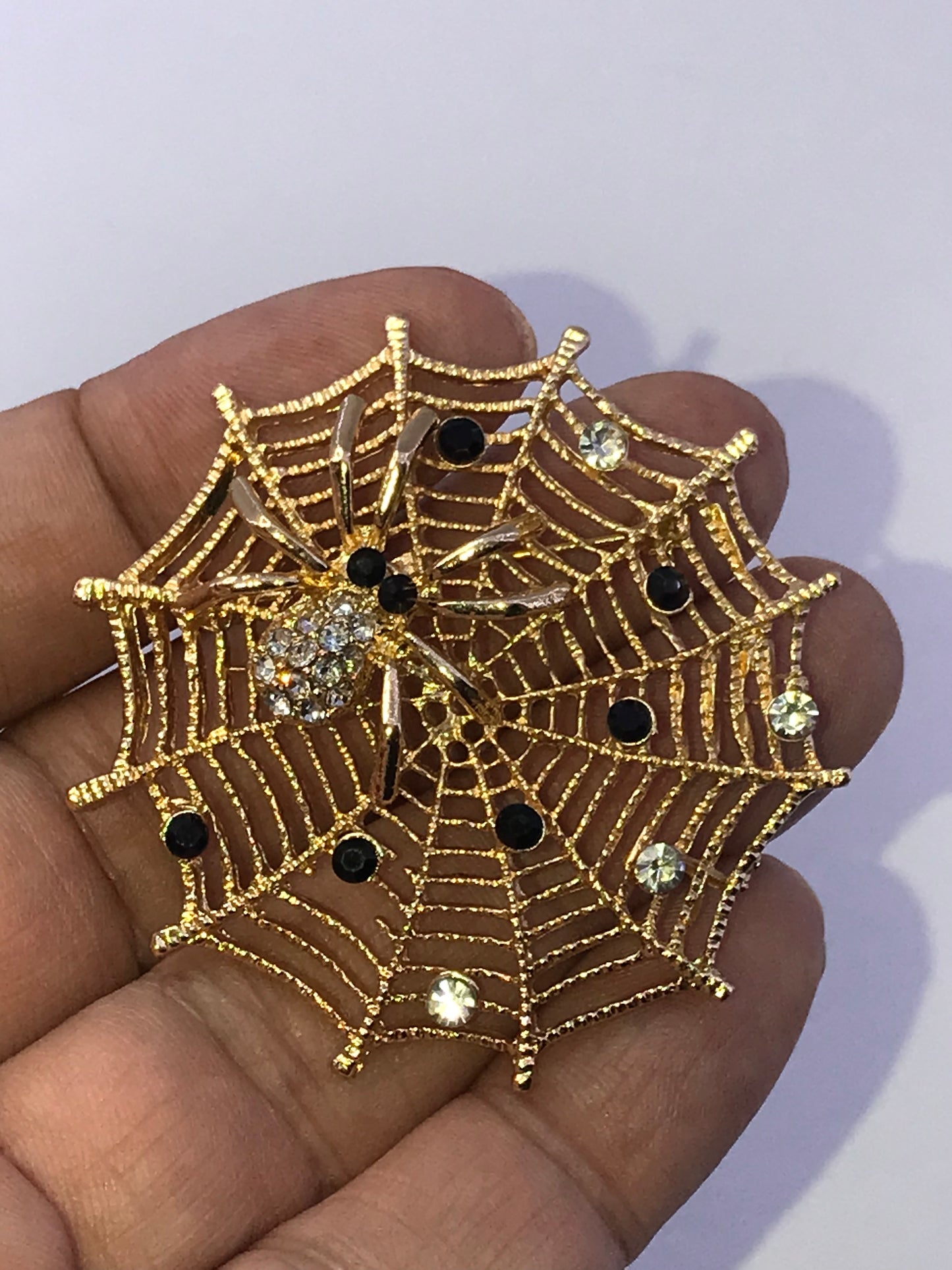 GLF Golden Spider on Web with Rhinestones, Broach/Pin