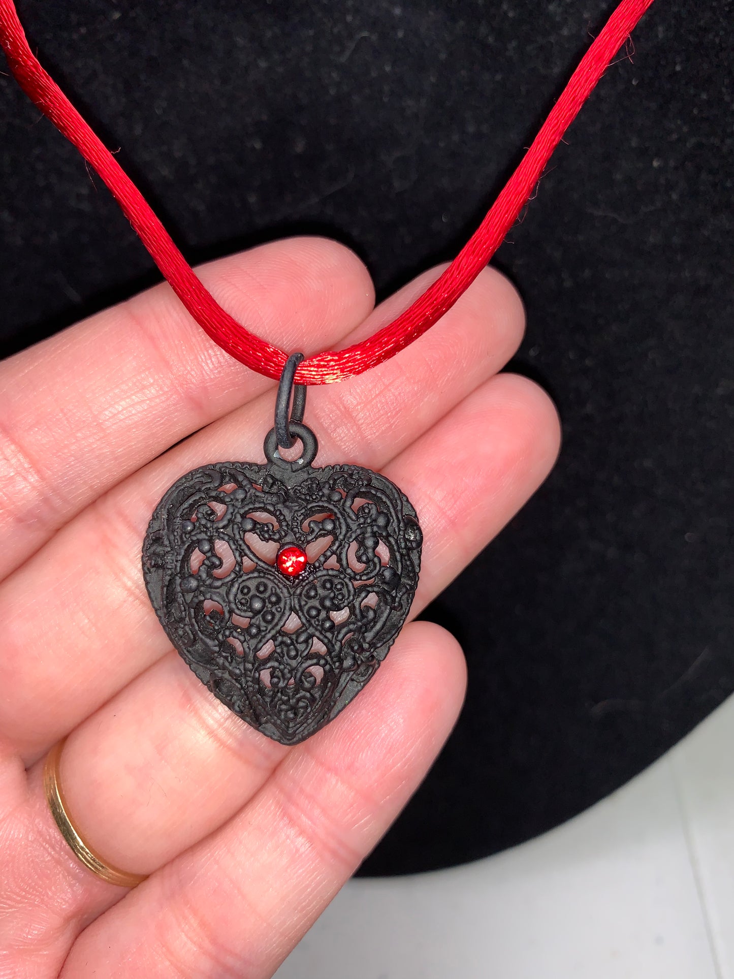 18" Red Satin Cord Necklace with Black Heart Pendant