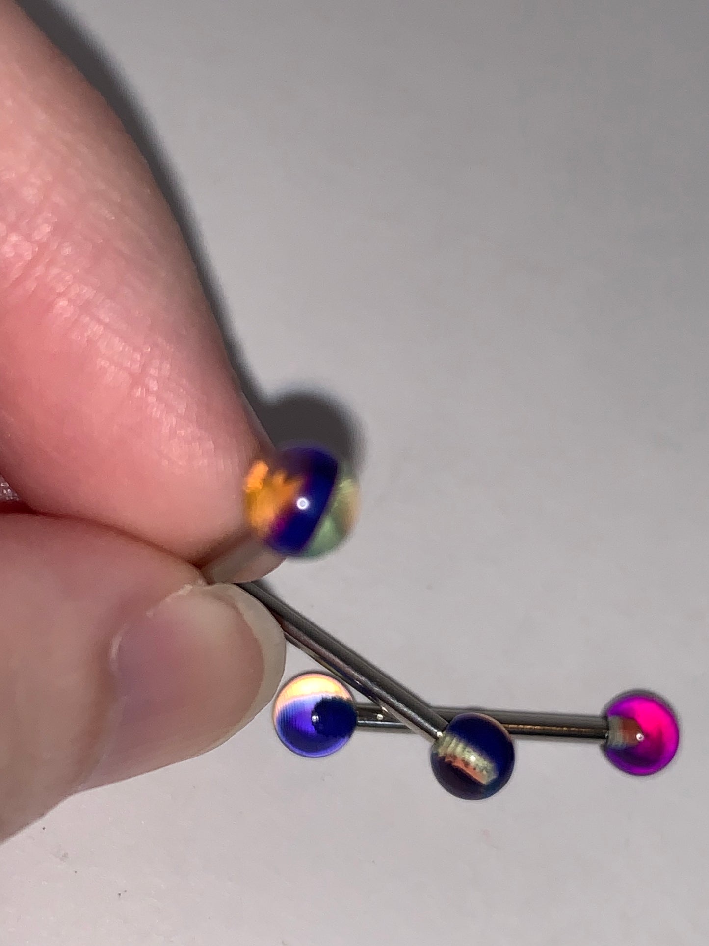 14 Gauge Purple, Clear and Orange Striped Tongue Ring