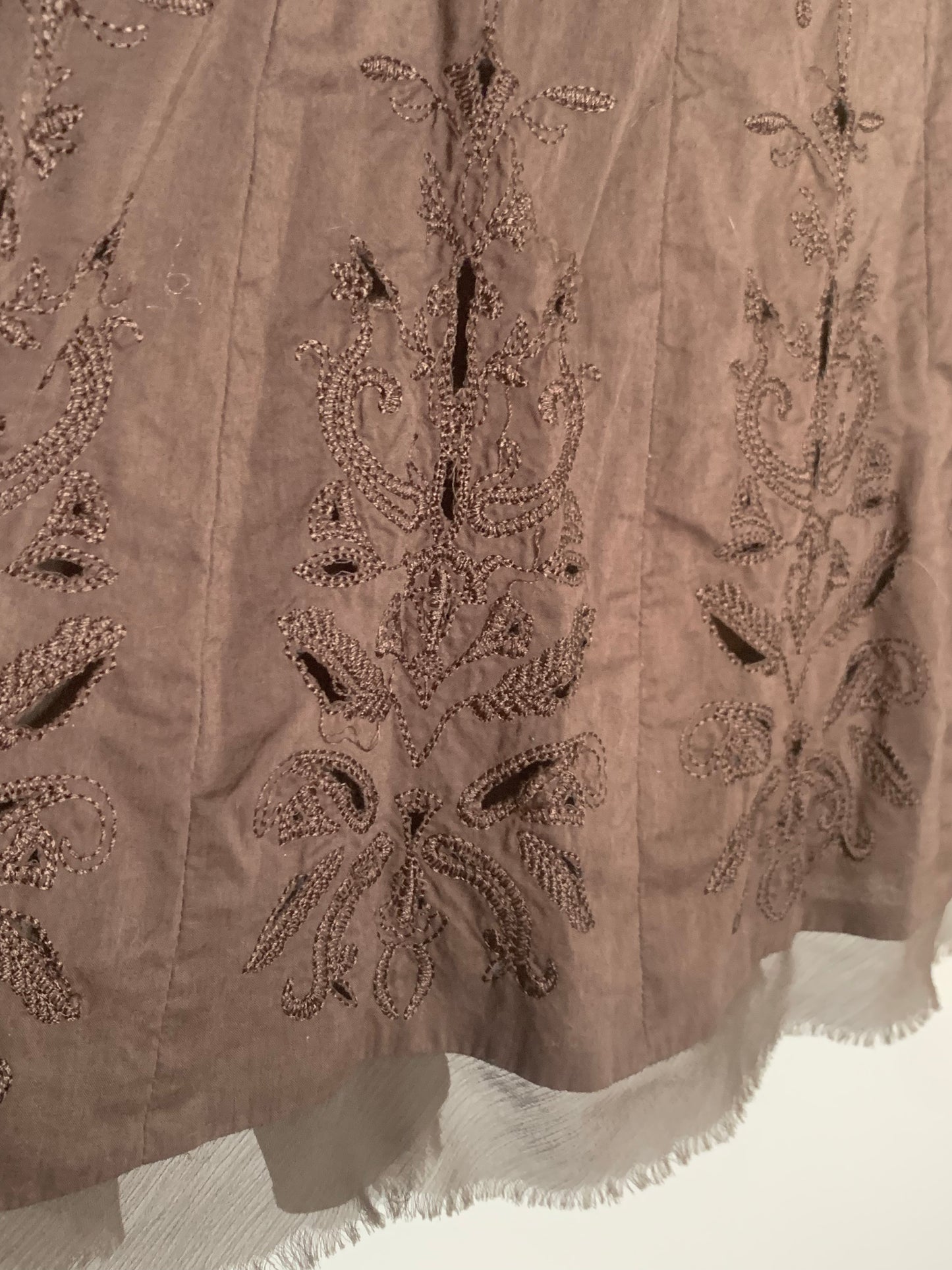 Tahari Embroidered Eyelet A-Line Maxi Skirt Chocolate Brown Sheer Hemline, Size 6