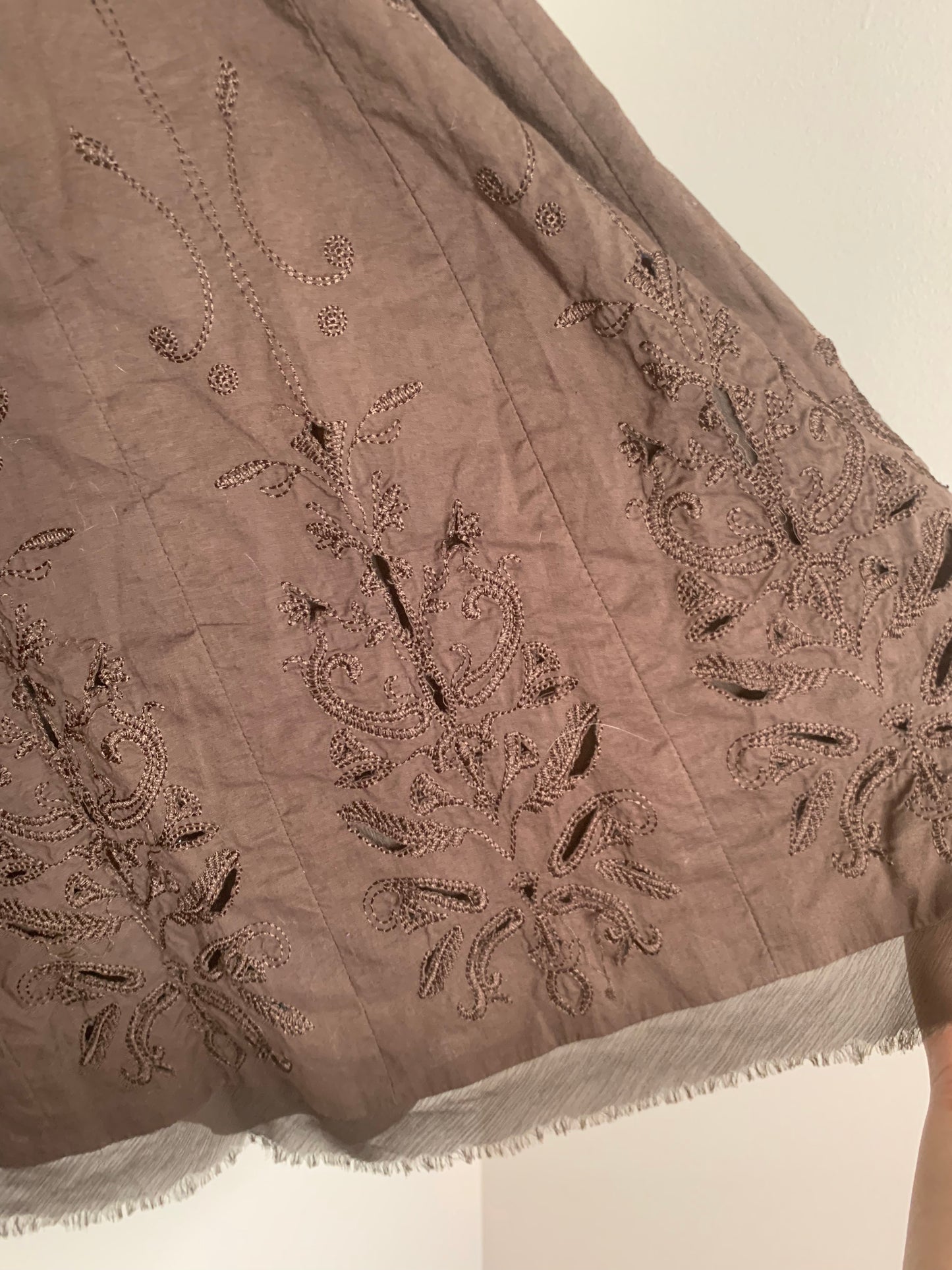 Tahari Embroidered Eyelet A-Line Maxi Skirt Chocolate Brown Sheer Hemline, Size 6