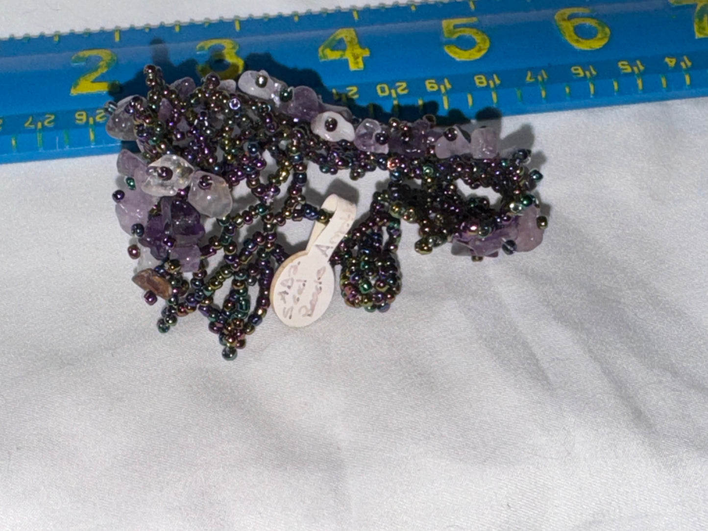 7 1/8" Natural Amethyst Gemstone chip beads stretchy Net Bracelet