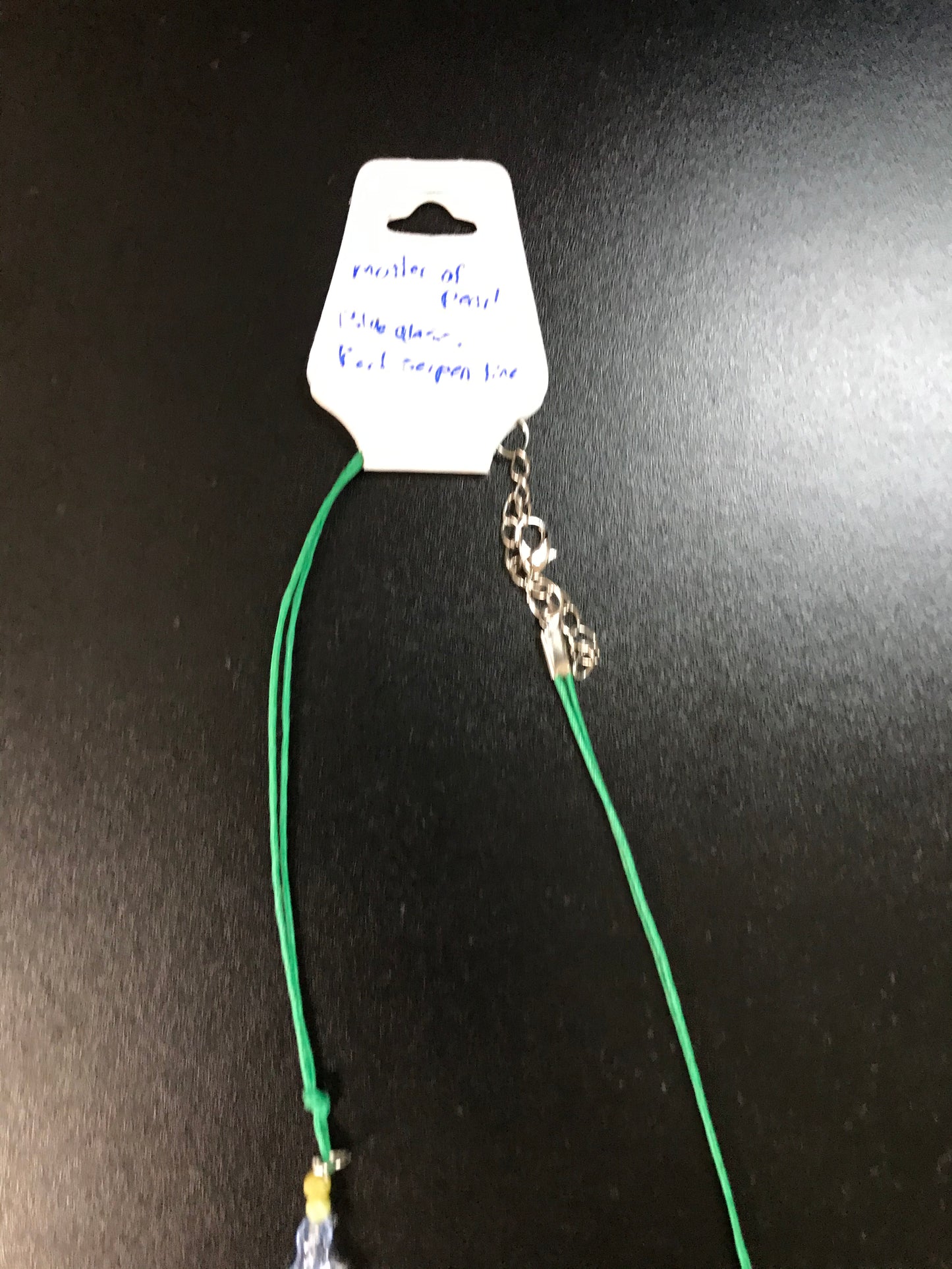 20" long Green w/Mother of Pearl, Light blue Glass beaded necklace