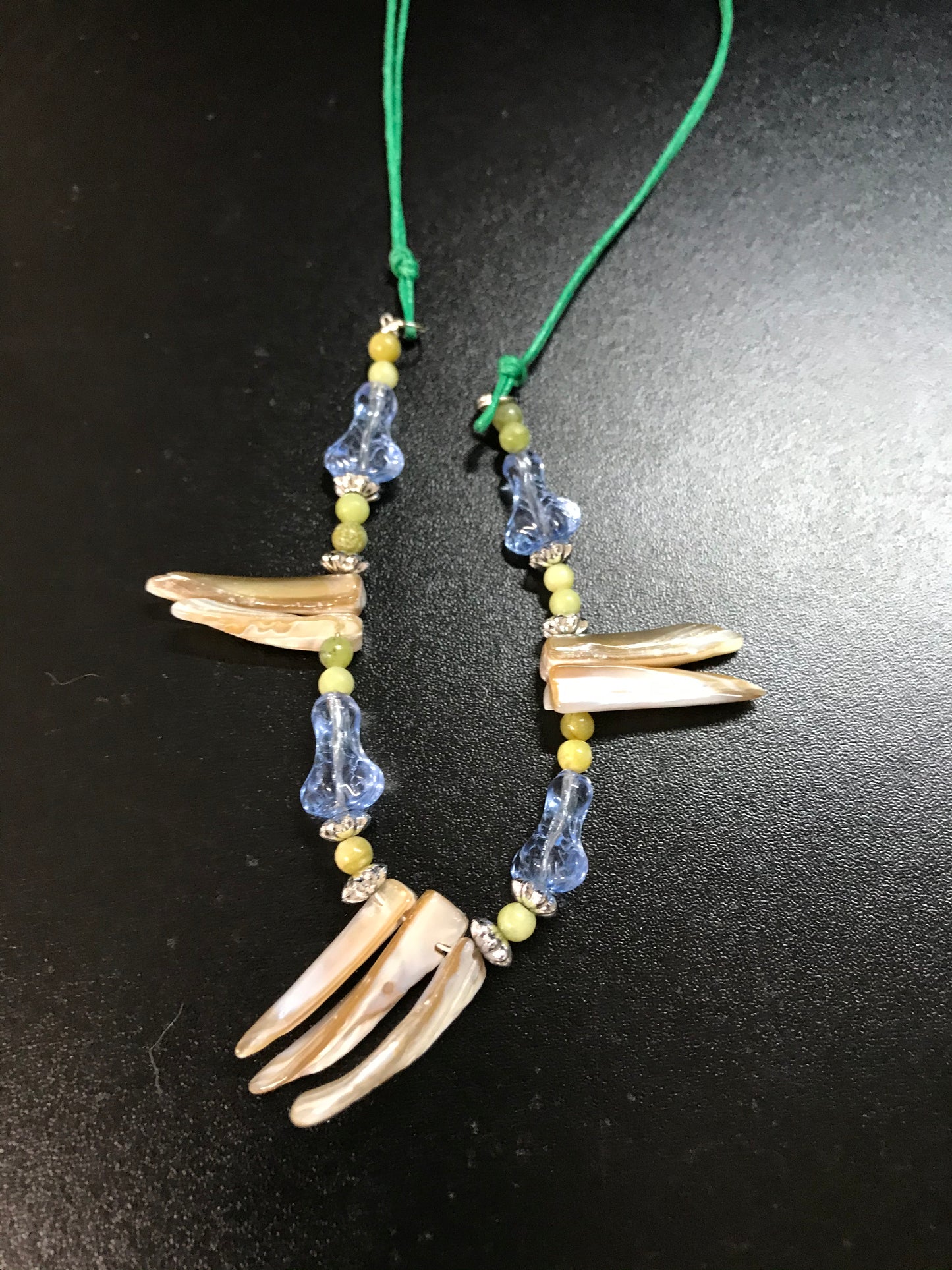 20" long Green w/Mother of Pearl, Light blue Glass beaded necklace