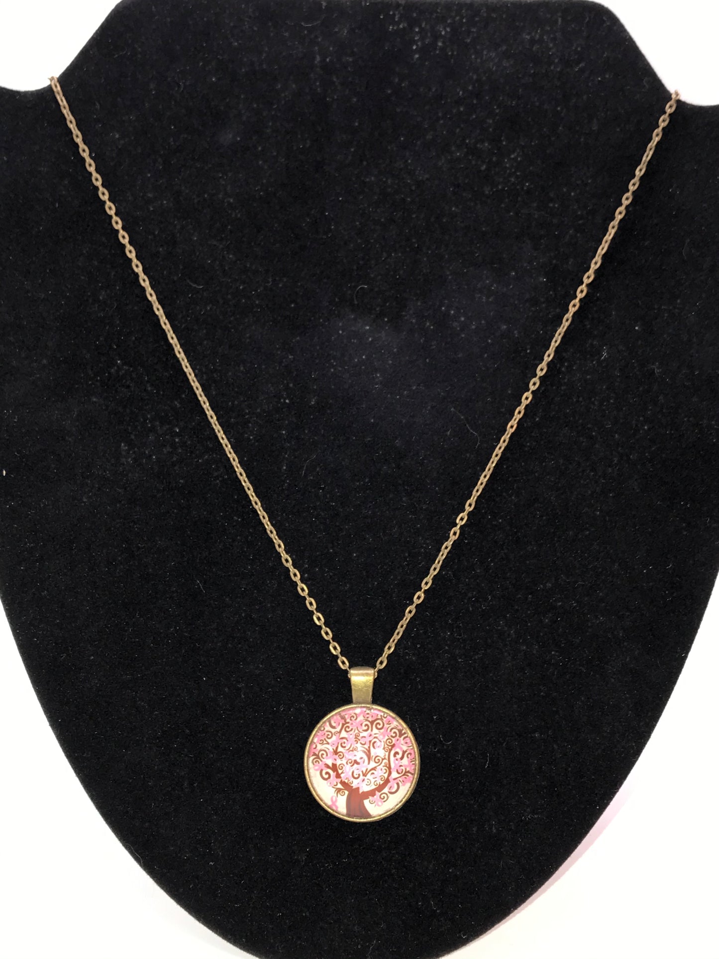 20" Pink Ribbon Tree Of Life Brass Cable Chain Necklace