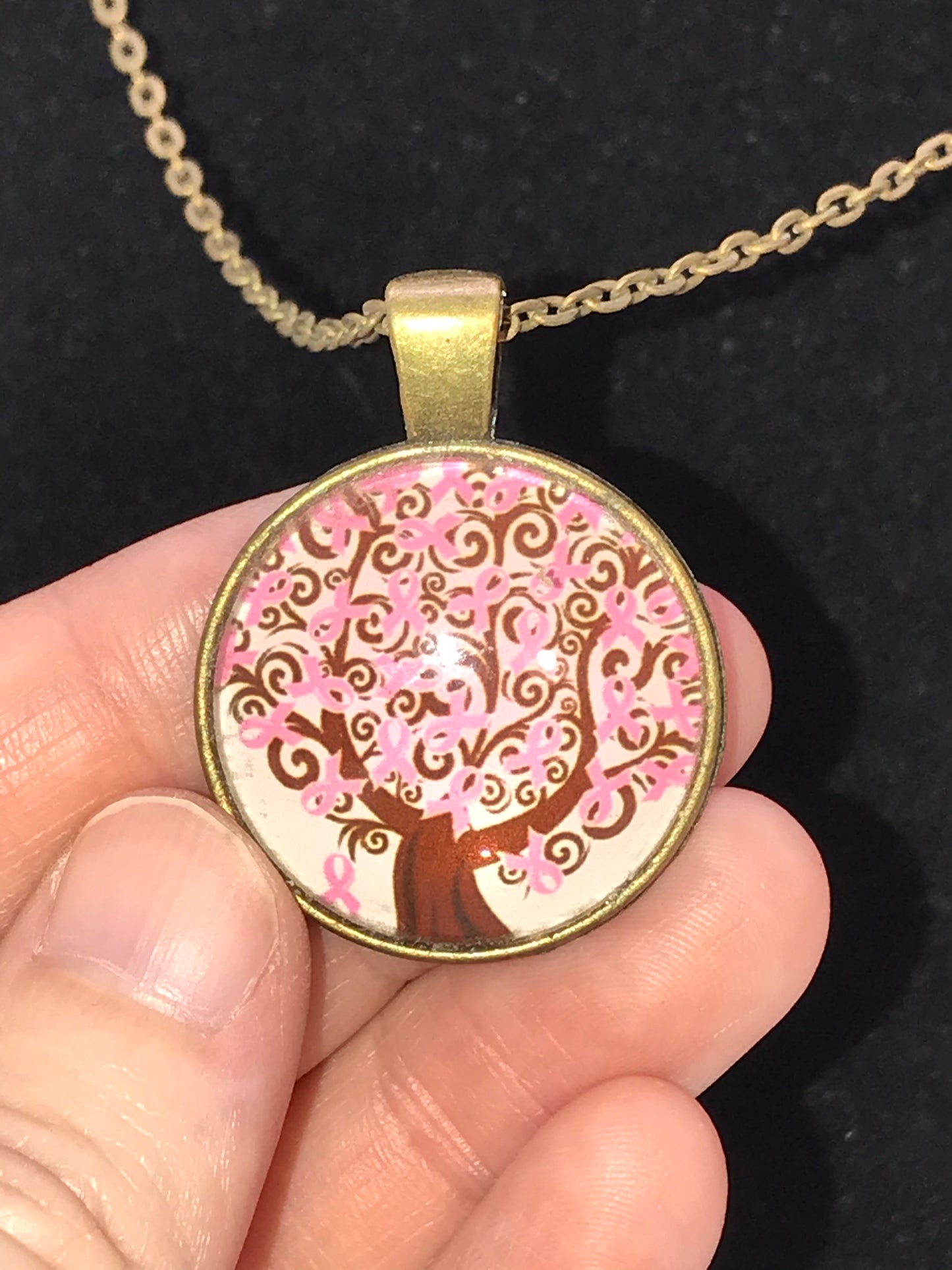 20" Pink Ribbon Tree Of Life Brass Cable Chain Necklace