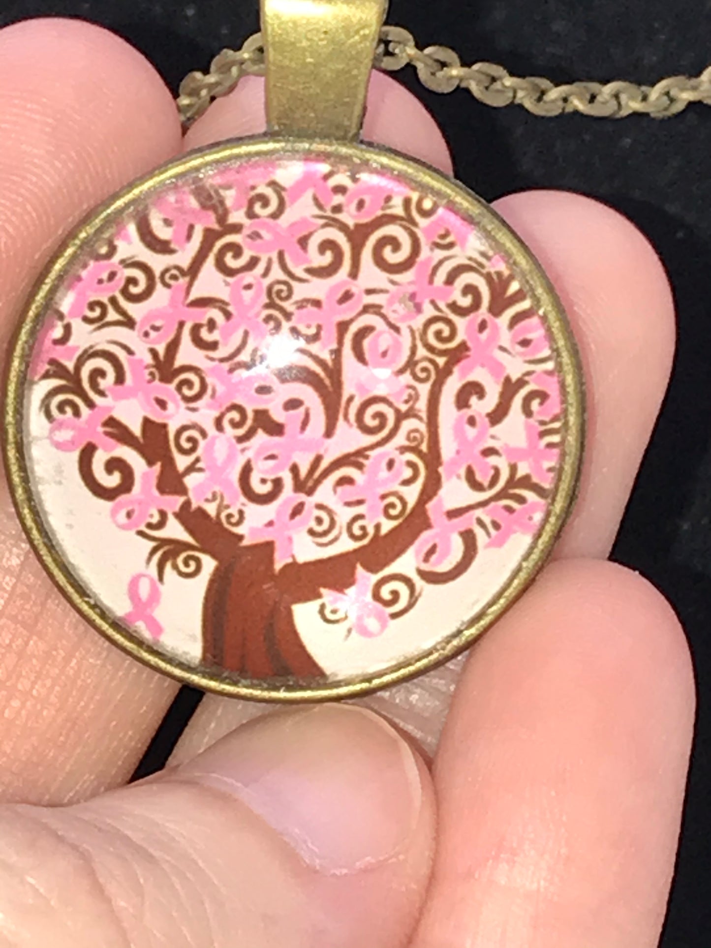 20" Pink Ribbon Tree Of Life Brass Cable Chain Necklace