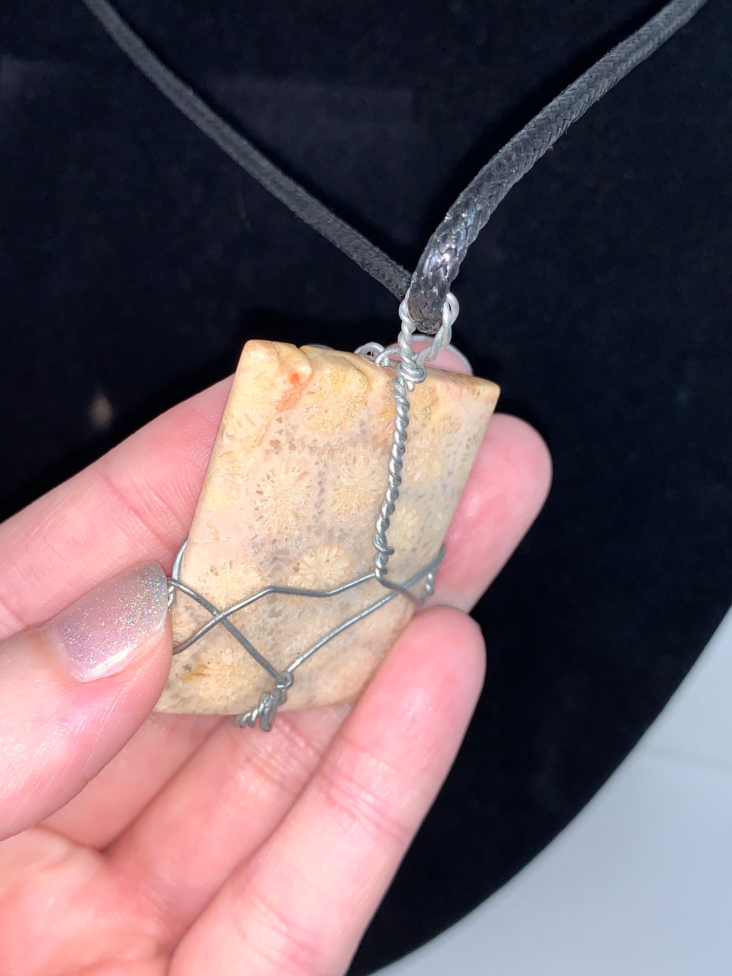 20" Braided Leather necklace with Wire wrapped Fossilized Coral Pendant