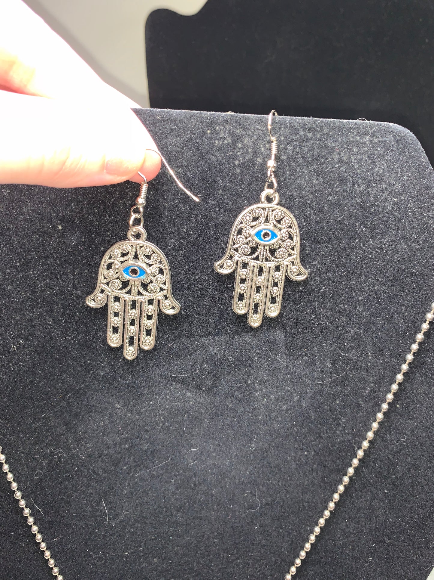 28" Ball Chain Necklace with Hamsa Pendant and Matching earrings, set