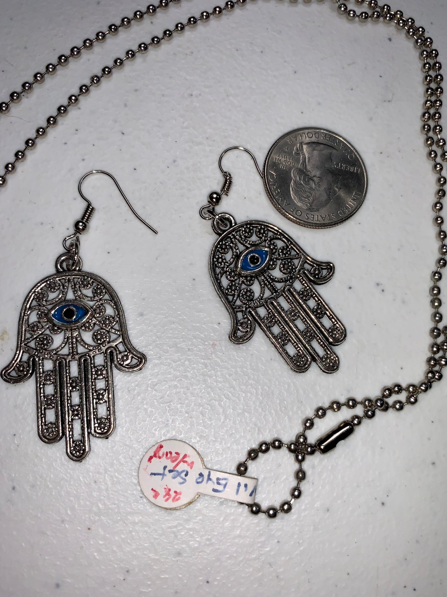 28" Ball Chain Necklace with Hamsa Pendant and Matching earrings, set