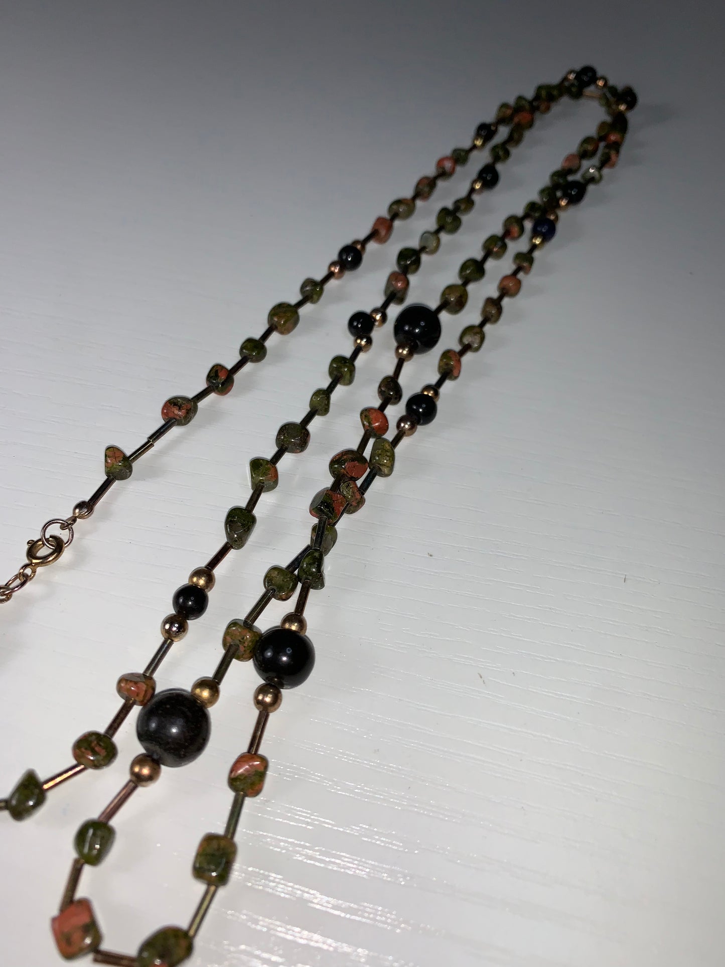 42" Unakite and Onyx Beaded Necklace