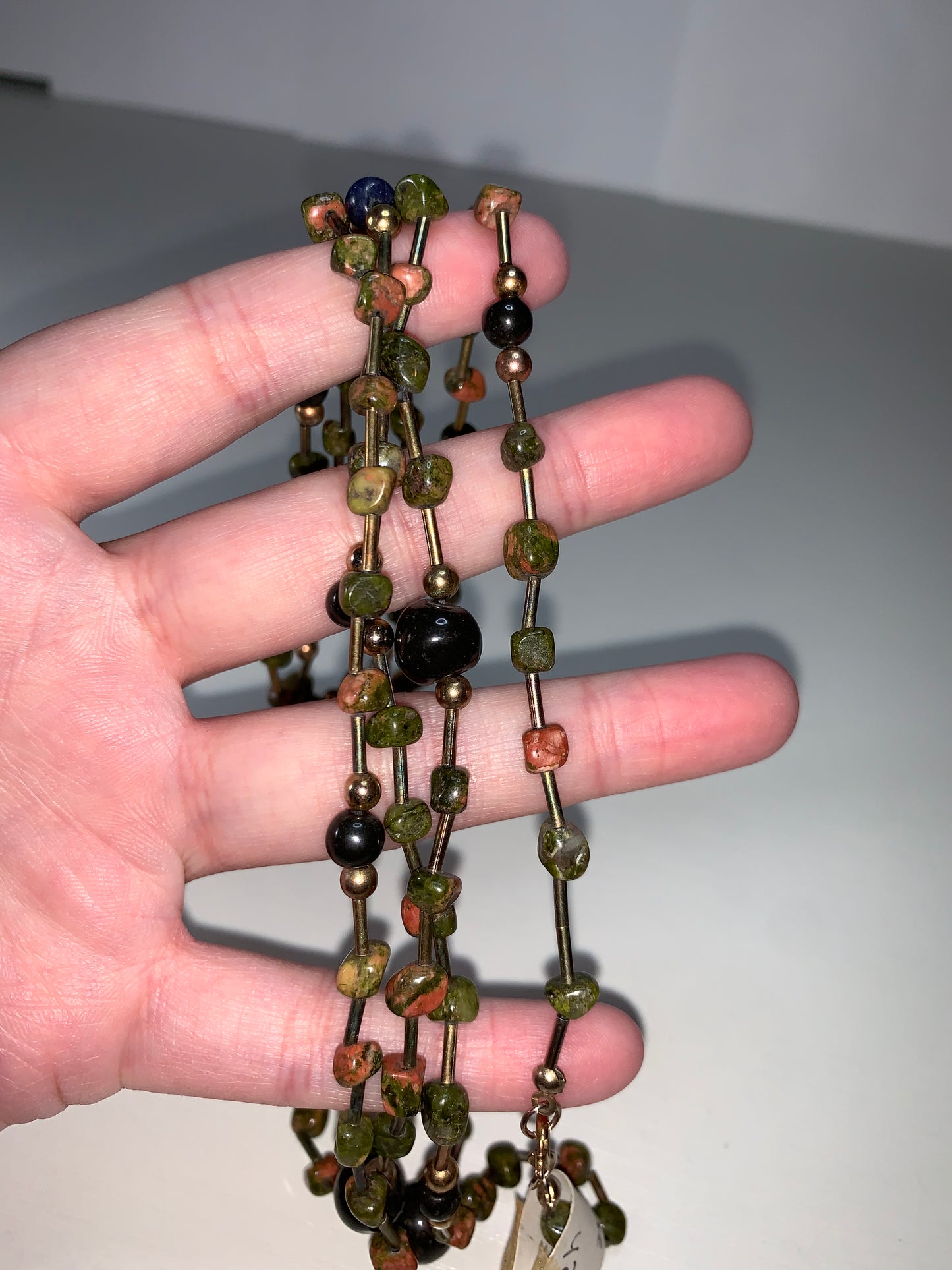 42" Unakite and Onyx Beaded Necklace