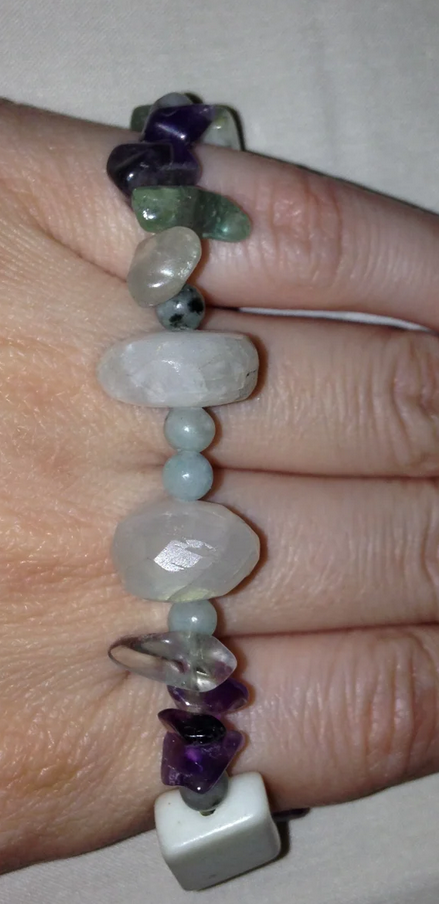 6 3/4" Rainbow Fluorite, Moonstone and Jade Bracelet