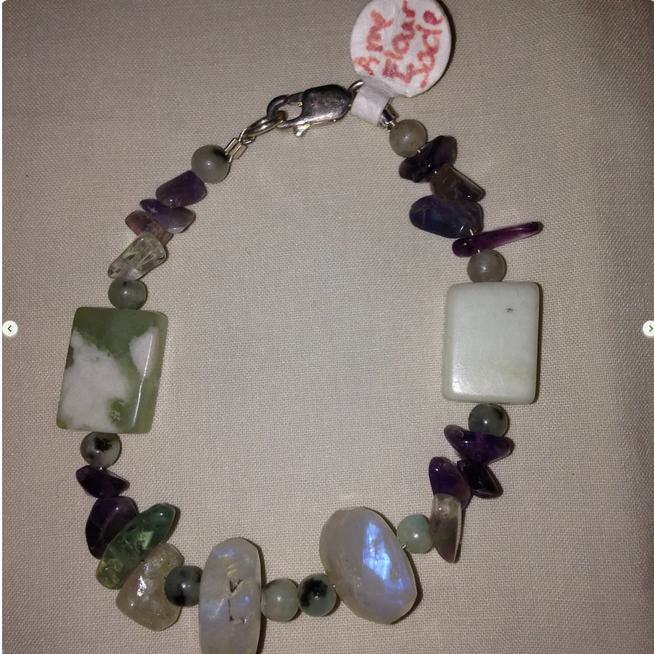 6 3/4" Rainbow Fluorite, Moonstone and Jade Bracelet