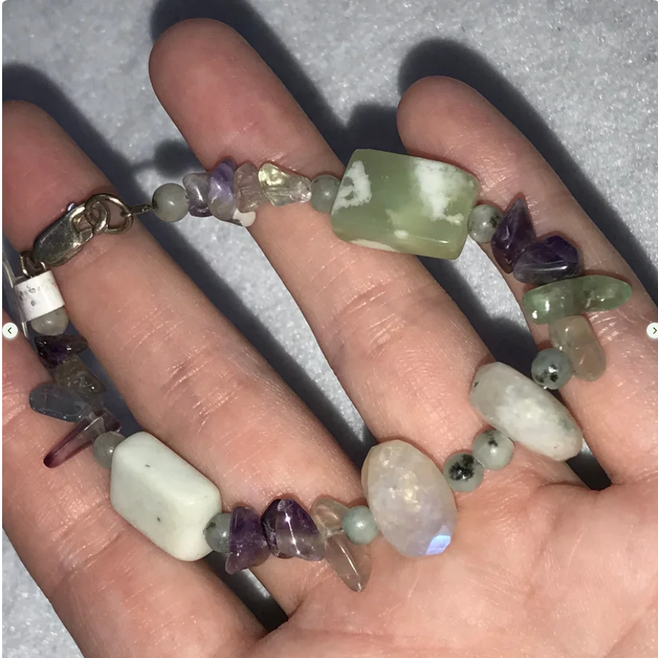6 3/4" Rainbow Fluorite, Moonstone and Jade Bracelet