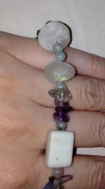 6 3/4" Rainbow Fluorite, Moonstone and Jade Bracelet