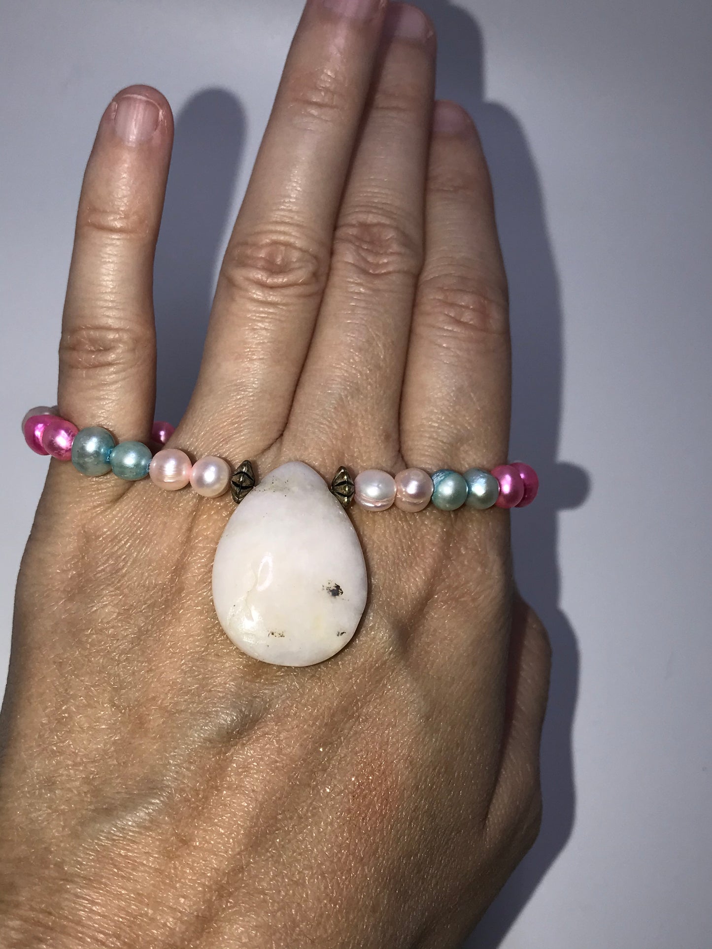 7 1/2" Freshwater Pearl And Opal Handmade Bracelet