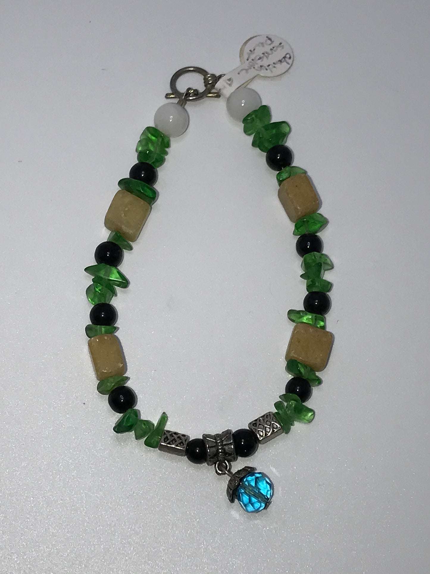 9 1/4" Snowy Quartz and Green Glass Bracelet