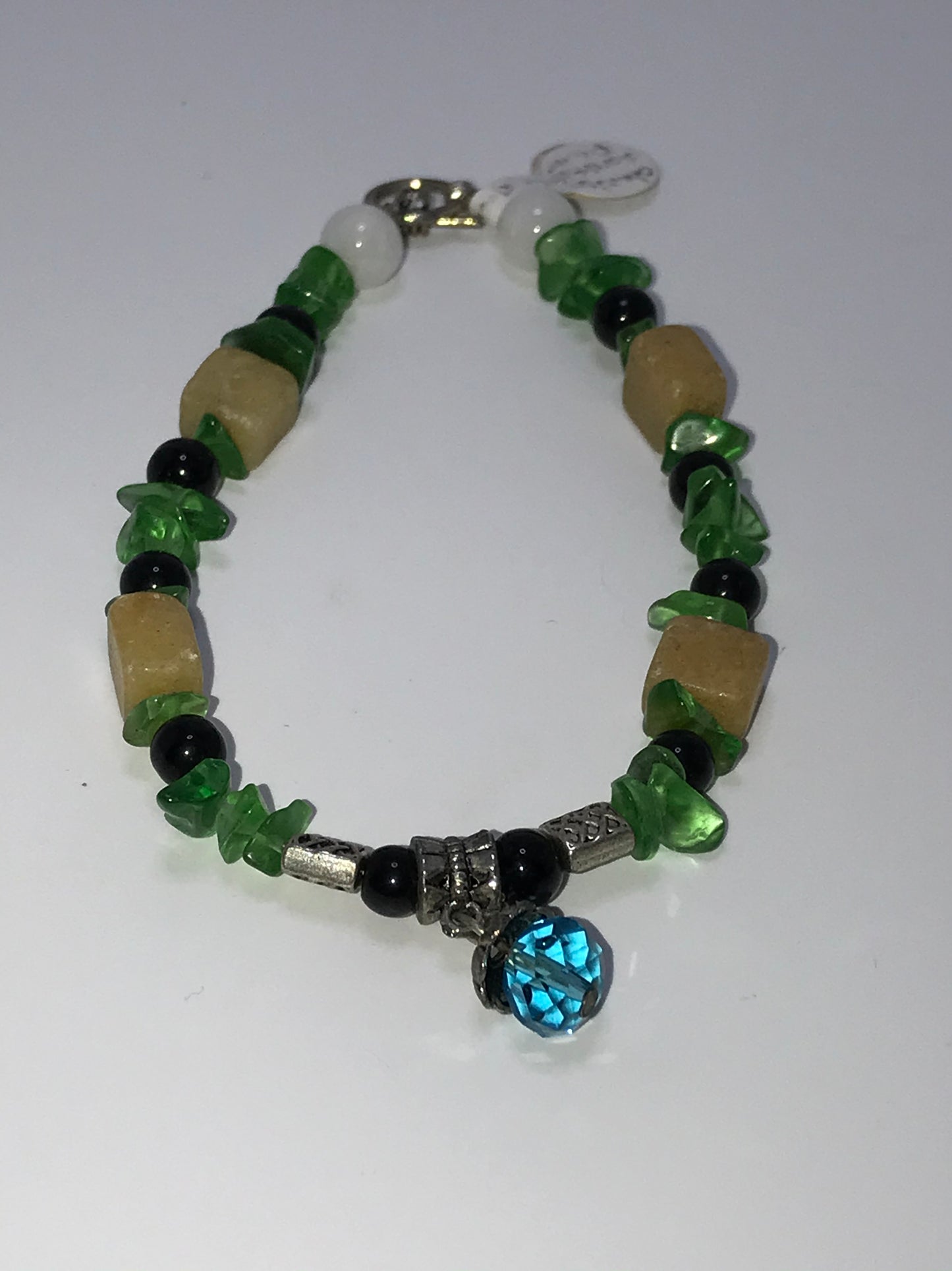 9 1/4" Snowy Quartz and Green Glass Bracelet