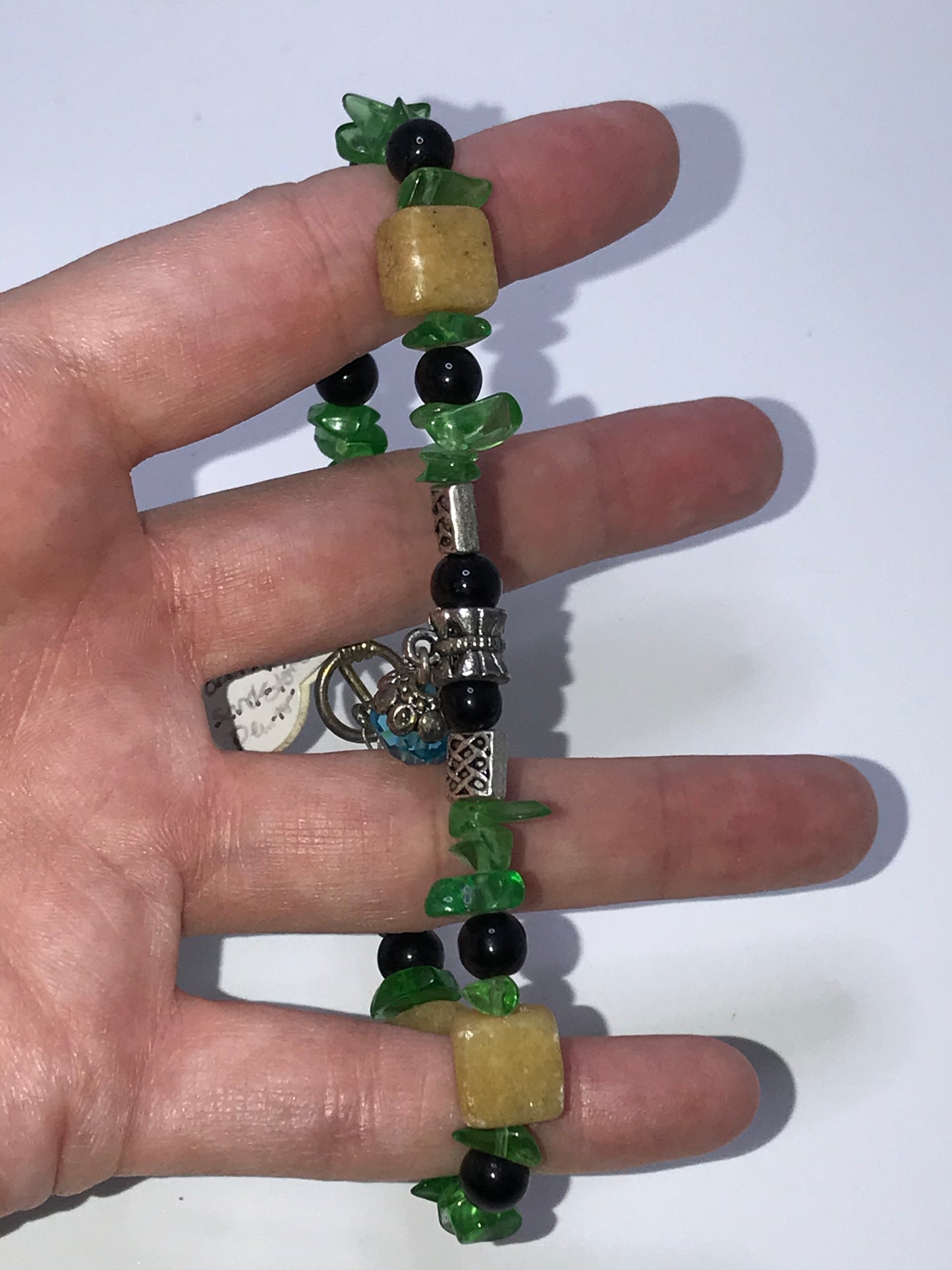 9 1/4" Snowy Quartz and Green Glass Bracelet