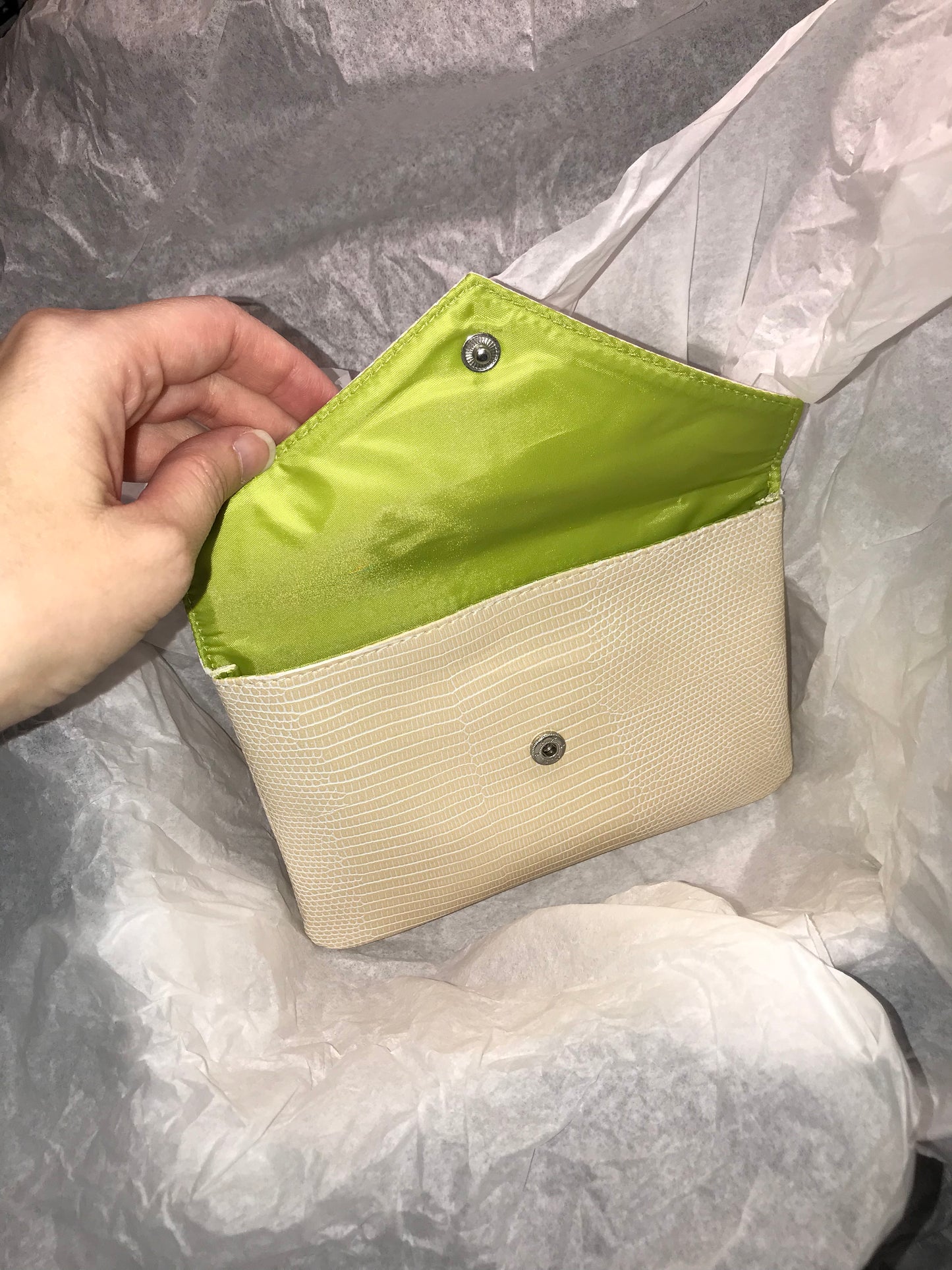Beige faux snakeskin envelope bag, August Ipsy Glambag Makeup Bag
