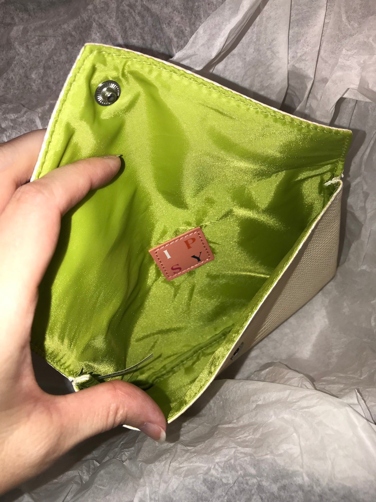 Beige faux snakeskin envelope bag, August Ipsy Glambag Makeup Bag