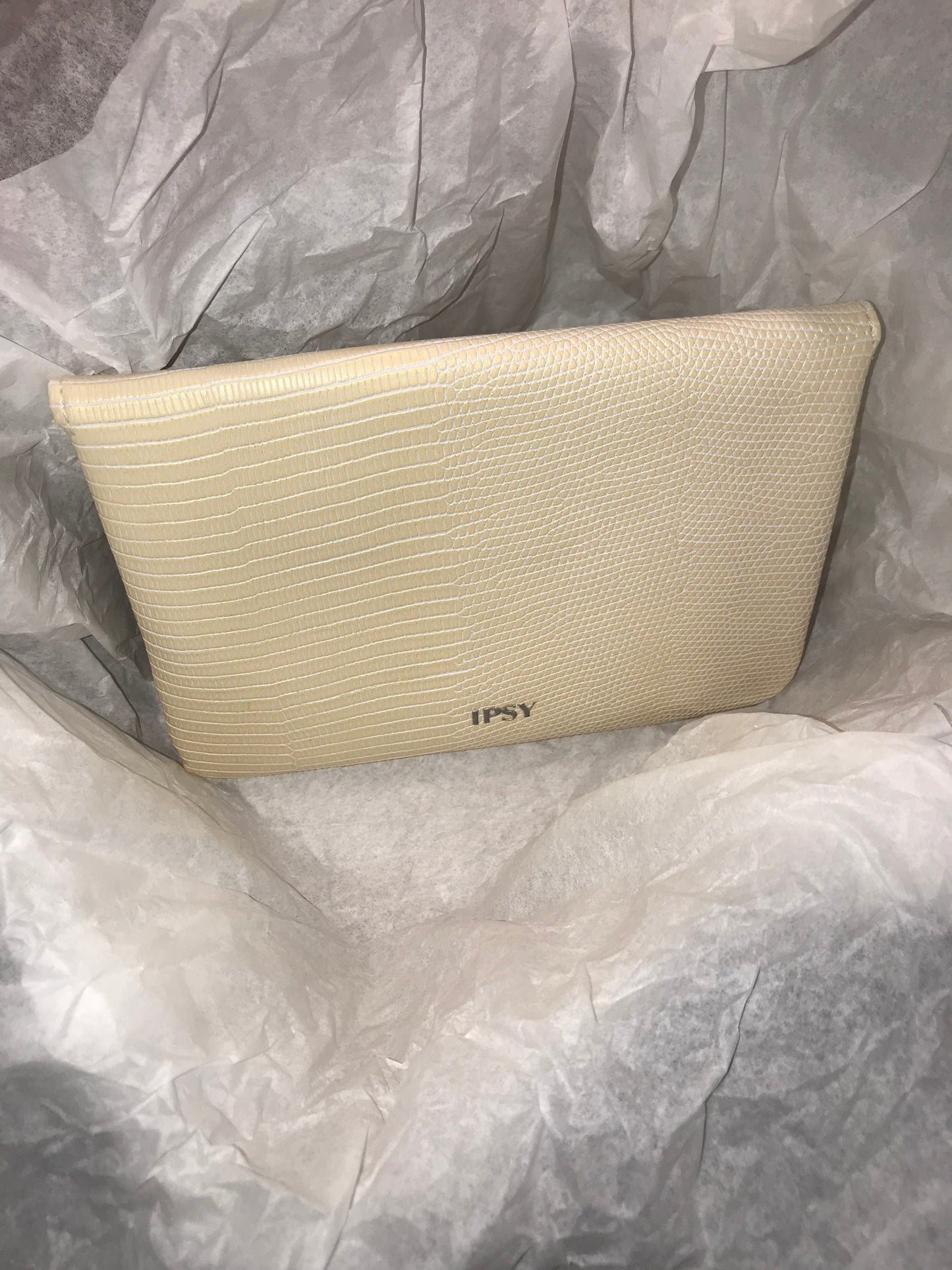 Beige faux snakeskin envelope bag, August Ipsy Glambag Makeup Bag